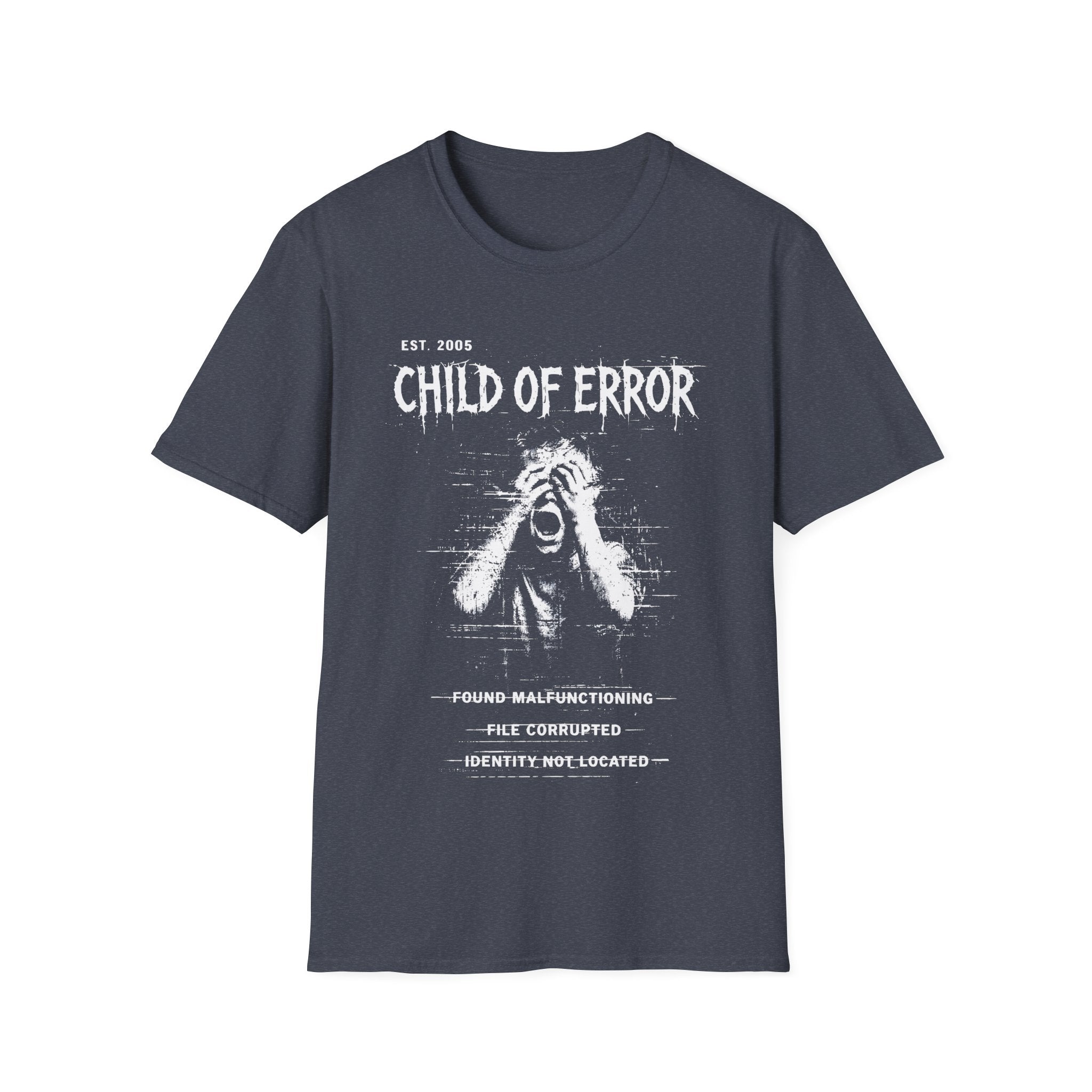 Heather Navy graphic T-shirt featuring Child Of Error text, Found Malfunctioning wording, File Corrupted detail and Identity Not Located archive-style artwork.