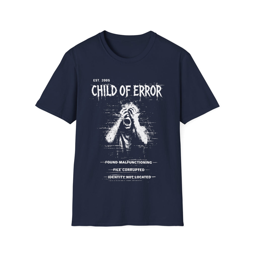 Navy Blue graphic T-shirt featuring Child Of Error text, Found Malfunctioning wording, File Corrupted detail and Identity Not Located archive-style artwork.
