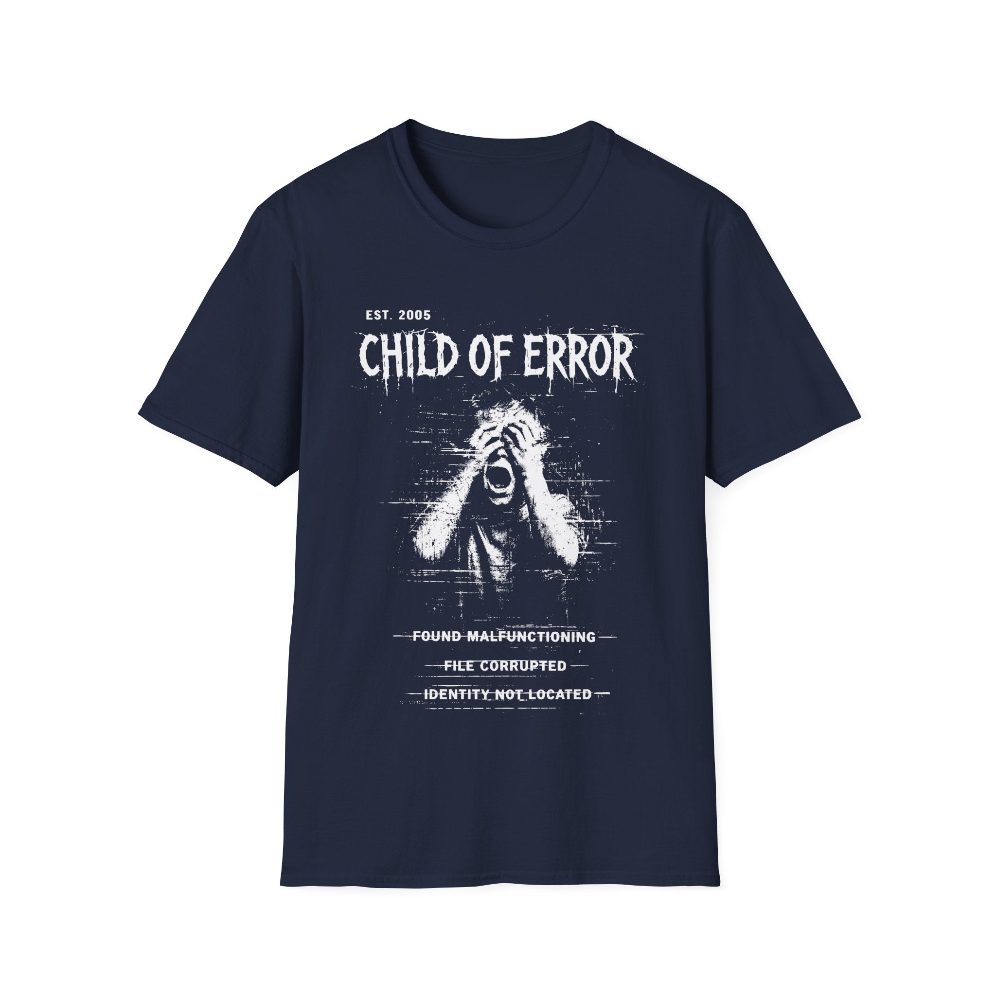 Navy Blue graphic T-shirt featuring Child Of Error text, Found Malfunctioning wording, File Corrupted detail and Identity Not Located archive-style artwork.