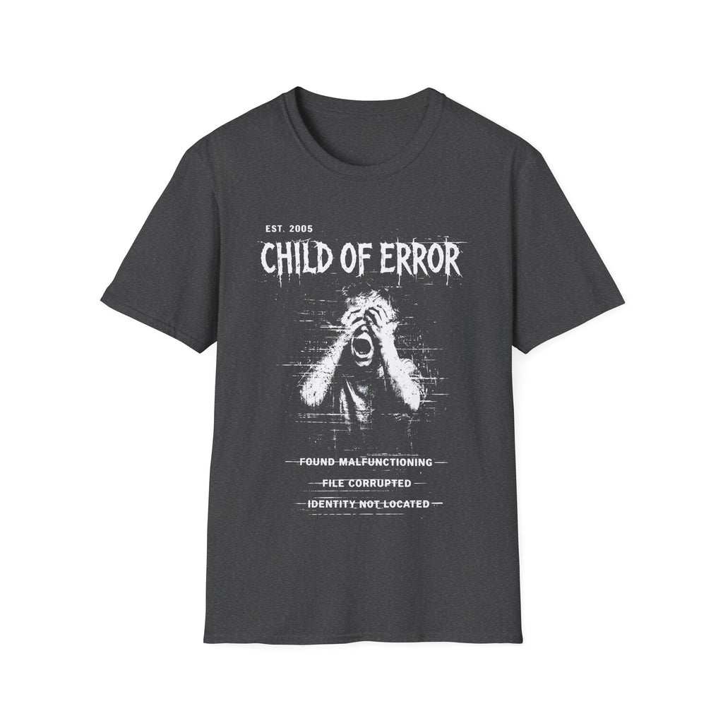 Grey graphic T-shirt featuring Child Of Error text, Found Malfunctioning wording, File Corrupted detail and Identity Not Located archive-style artwork.