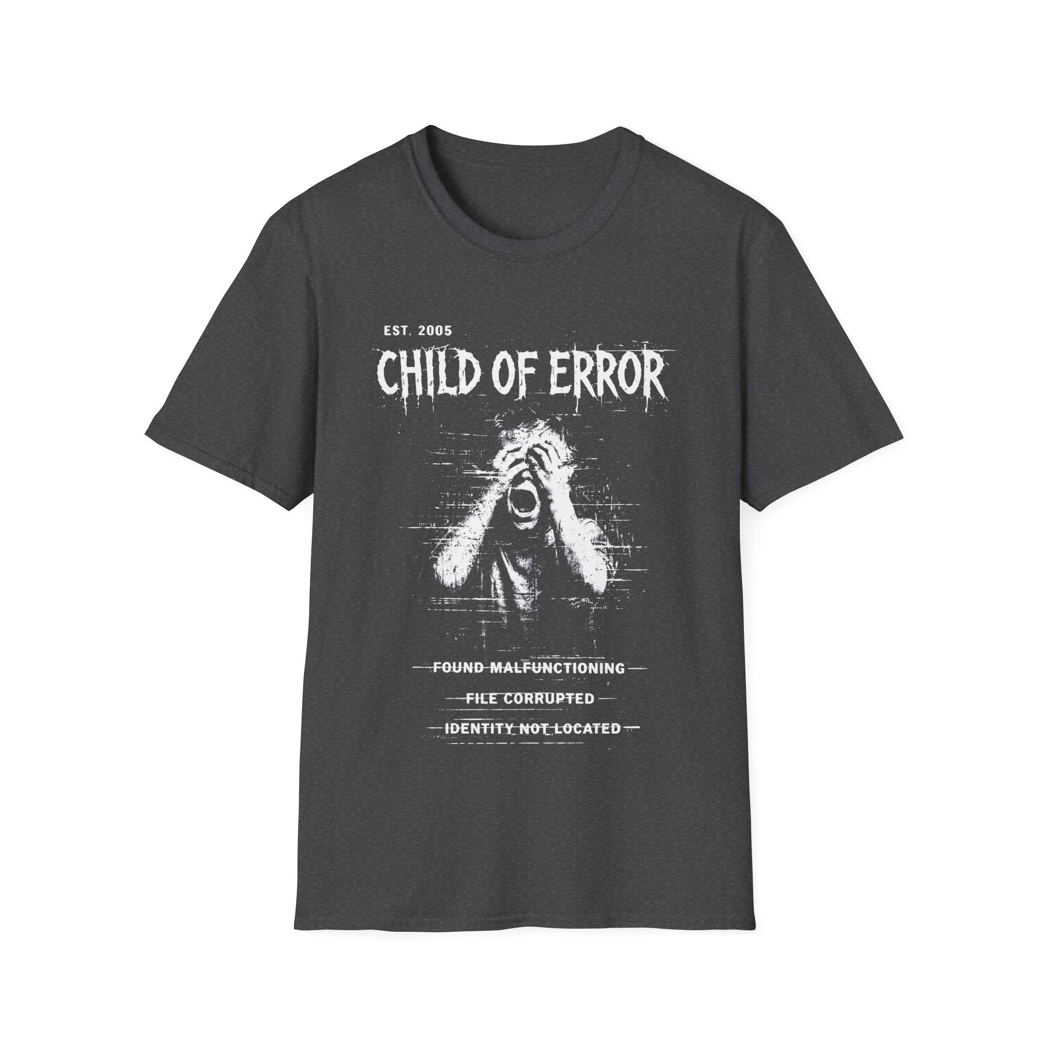 Grey graphic T-shirt featuring Child Of Error text, Found Malfunctioning wording, File Corrupted detail and Identity Not Located archive-style artwork.