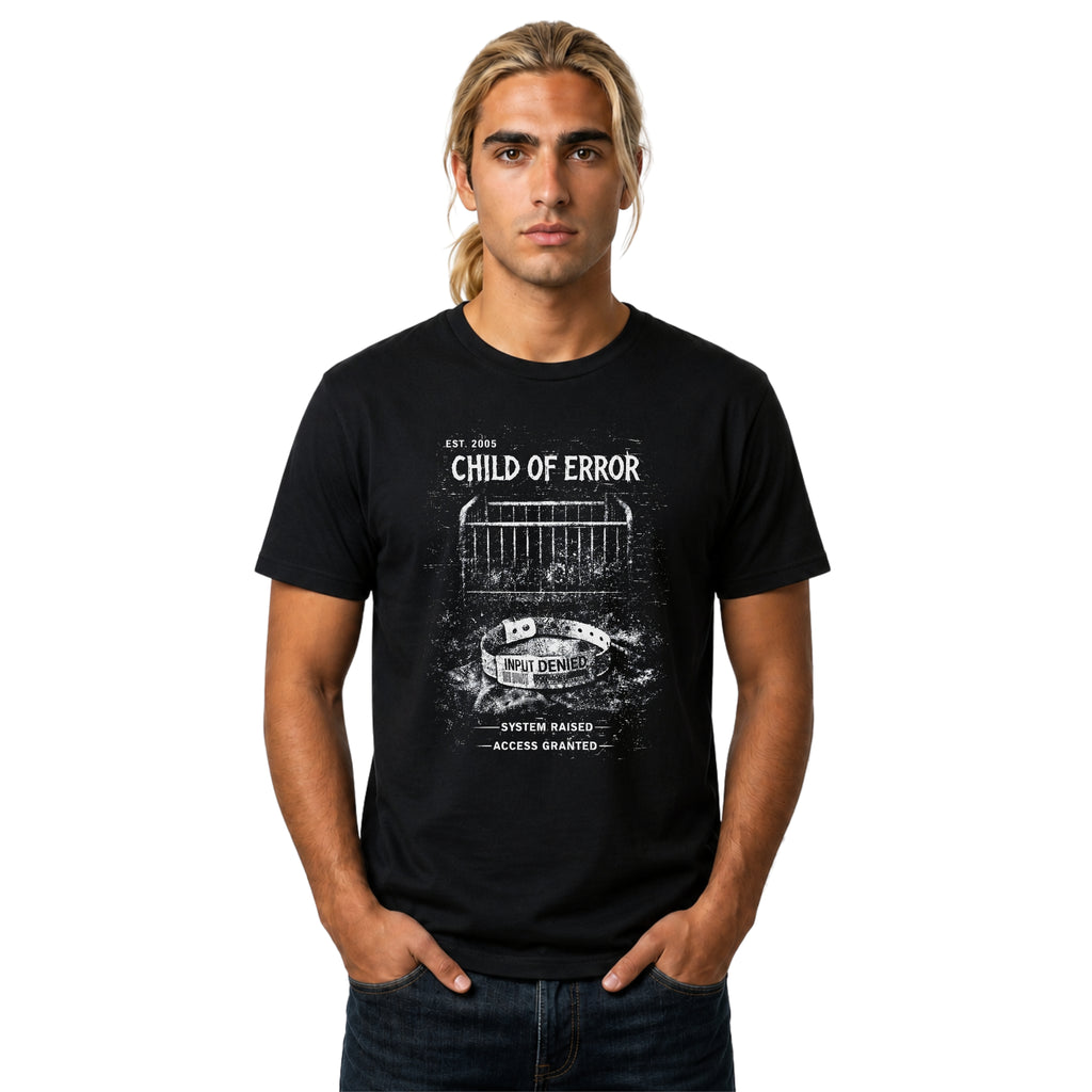 Black graphic T-shirt featuring Child Of Error text, distressed archive-style artwork and dark streetwear design.