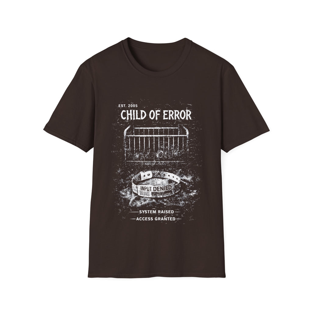 Brown graphic T-shirt featuring Child Of Error text, distressed archive-style artwork and dark streetwear design.