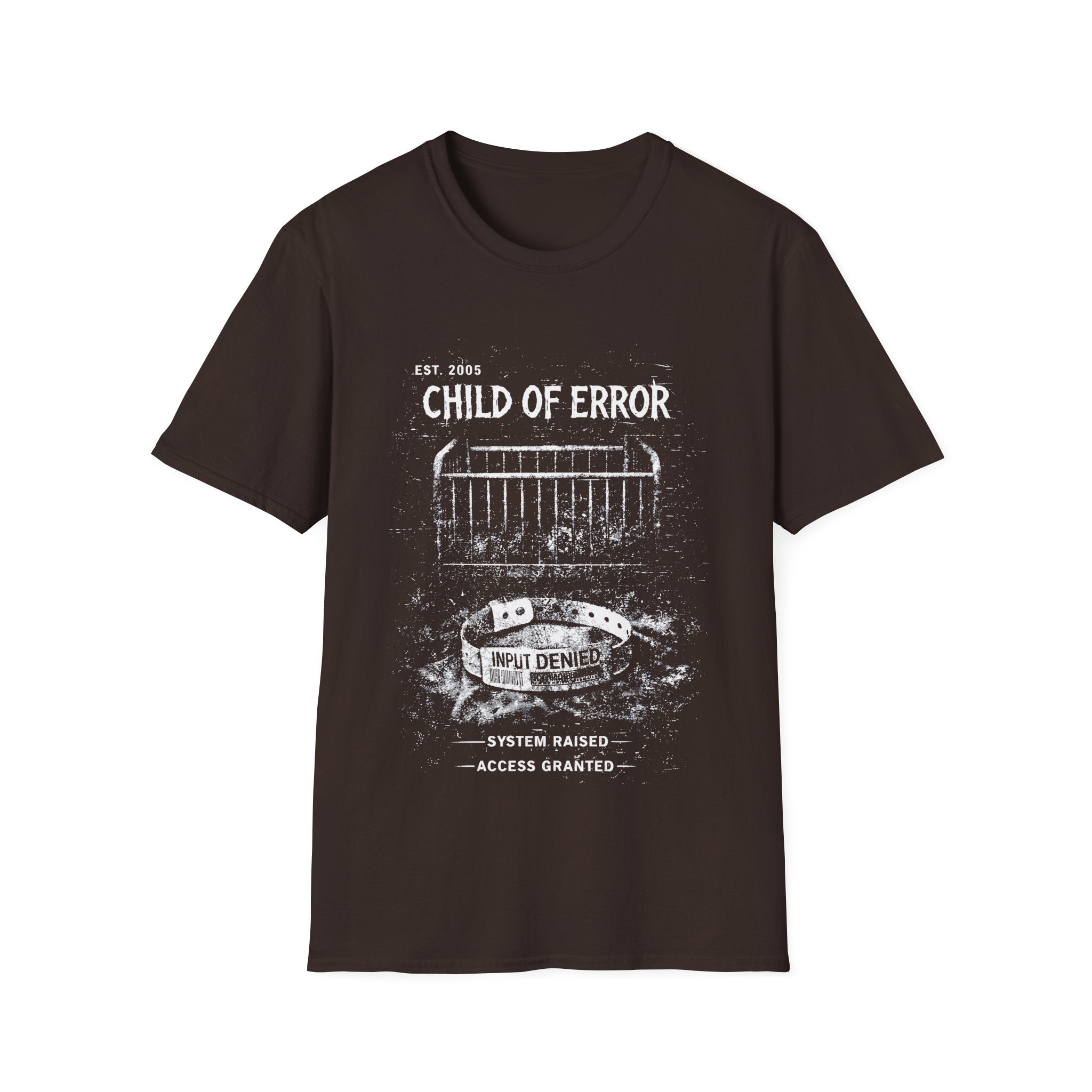 Brown graphic T-shirt featuring Child Of Error text, distressed archive-style artwork and dark streetwear design.