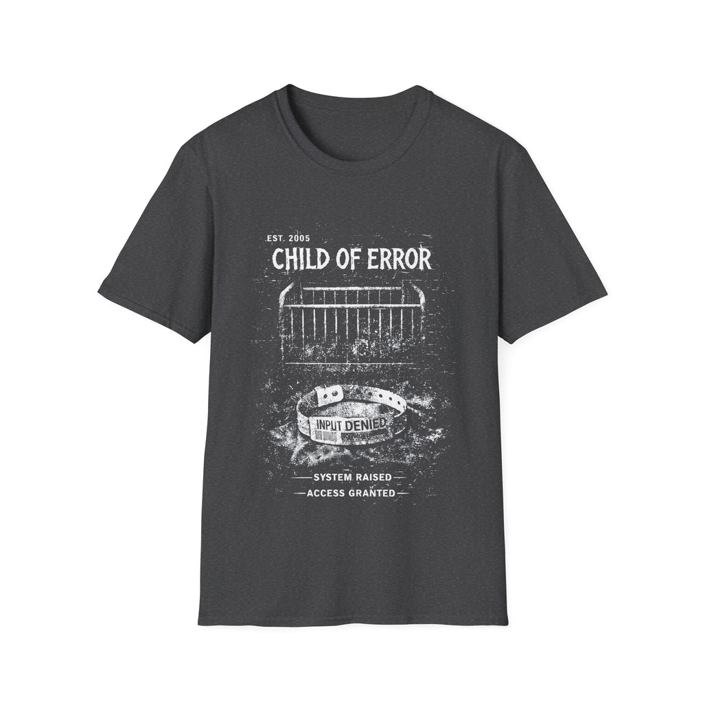 Black graphic T-shirt featuring Child Of Error text, distressed archive-style artwork and dark streetwear design.