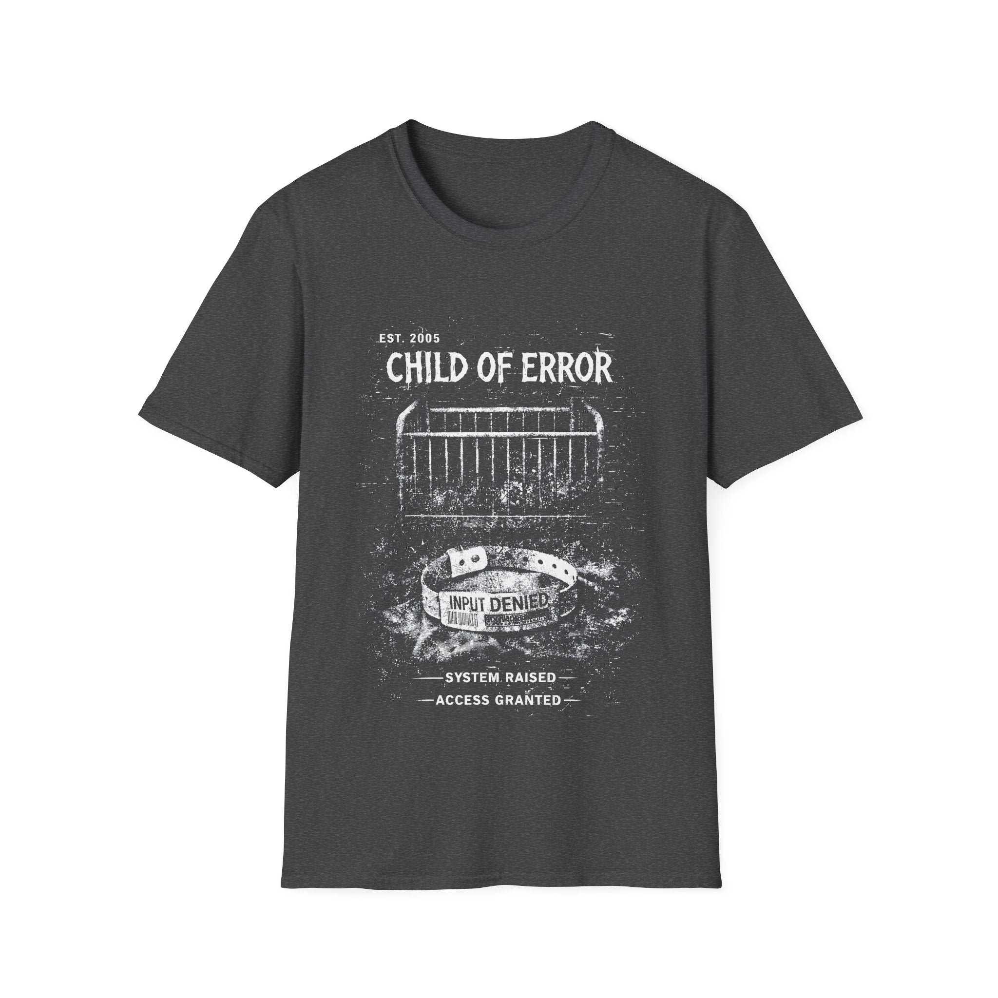 Black graphic T-shirt featuring Child Of Error text, distressed archive-style artwork and dark streetwear design.