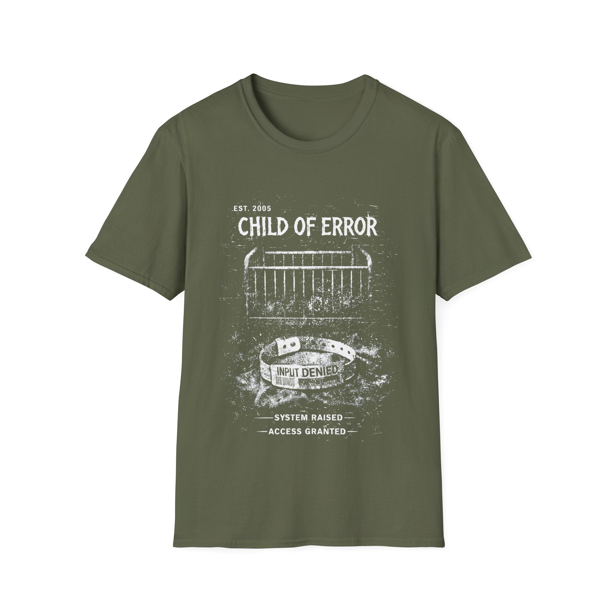 Military Green graphic T-shirt featuring Child Of Error text, distressed archive-style artwork and dark streetwear design.