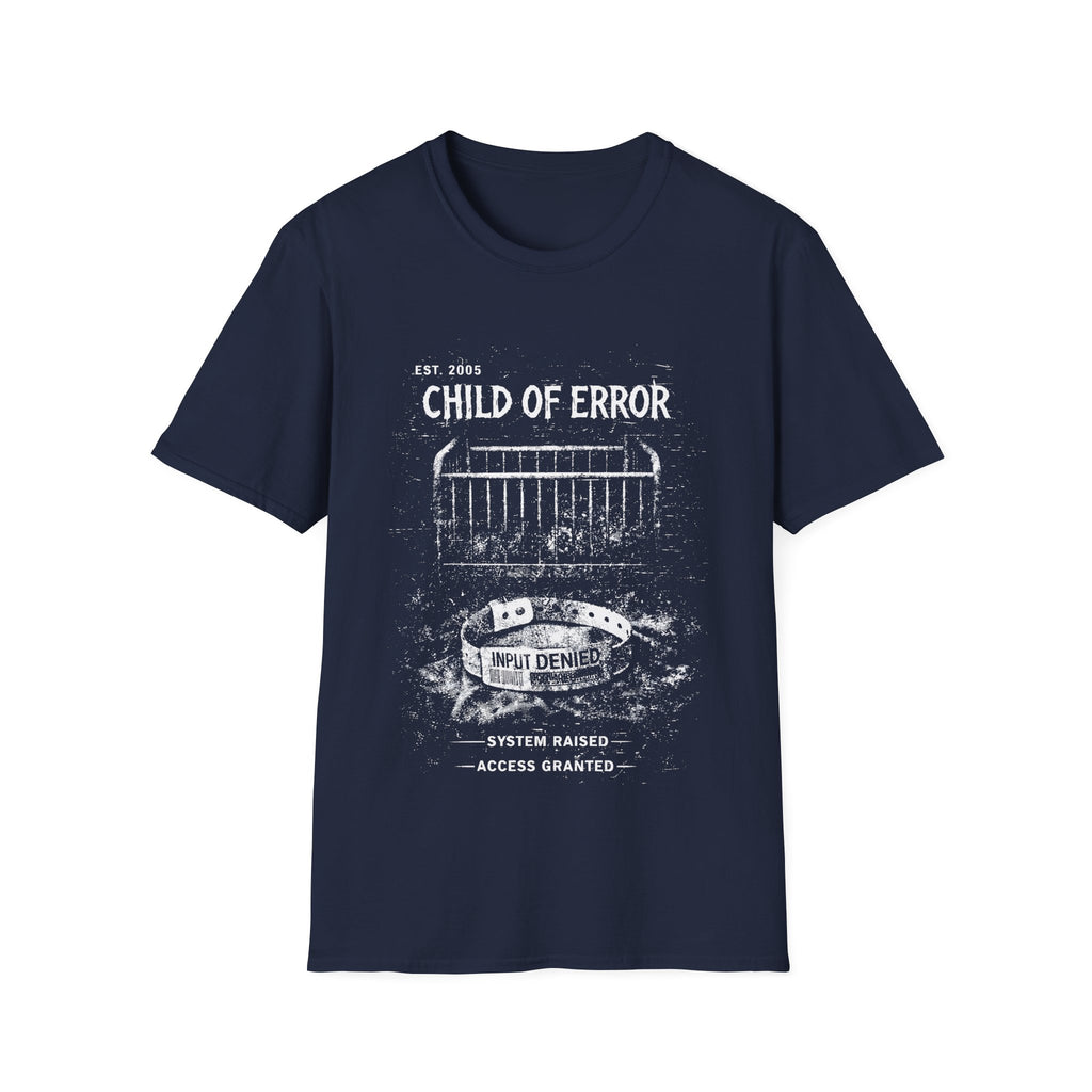 Blue graphic T-shirt featuring Child Of Error text, distressed archive-style artwork and dark streetwear design.