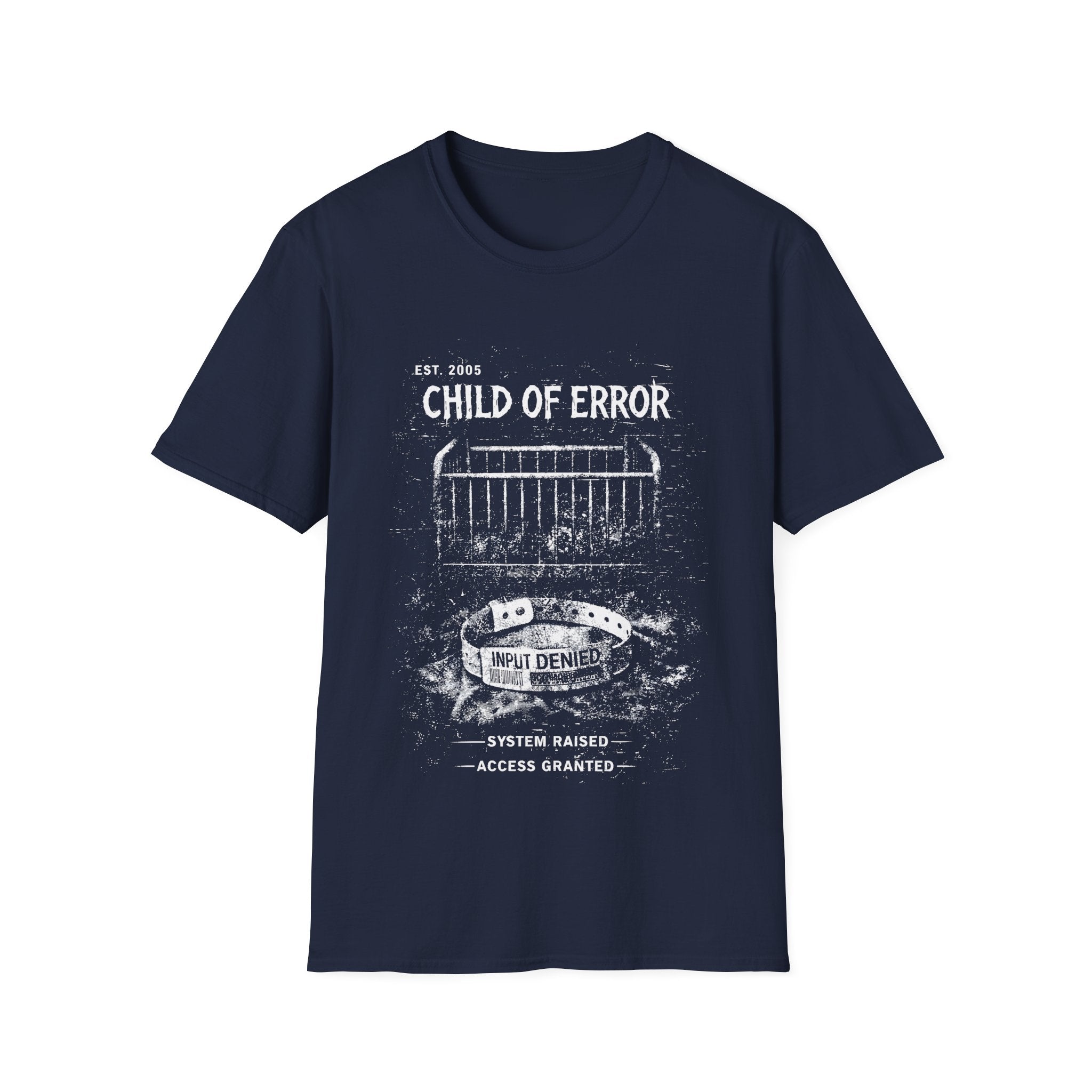 Blue graphic T-shirt featuring Child Of Error text, distressed archive-style artwork and dark streetwear design.