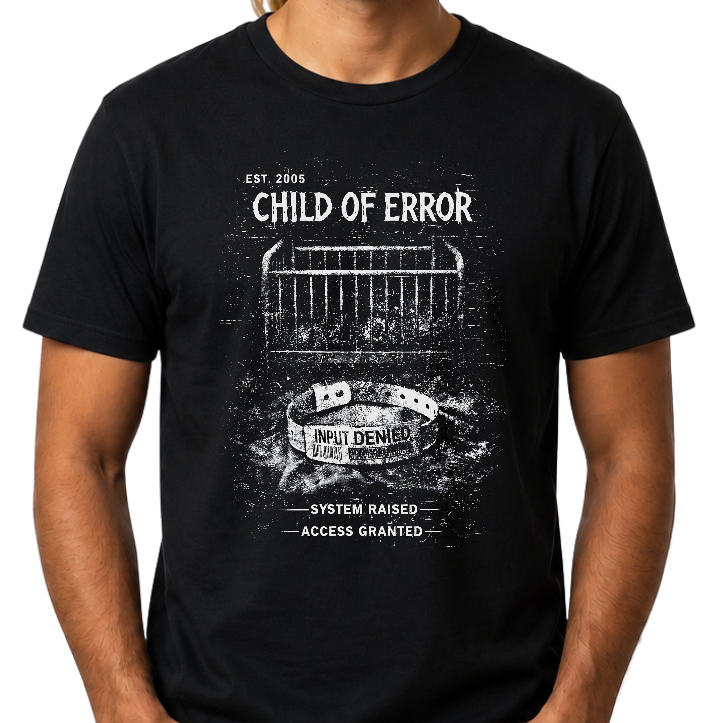 Black Gildan 64000 T-shirt with Child Of Error distressed glitch graphic and monochrome cyber grunge artwork.