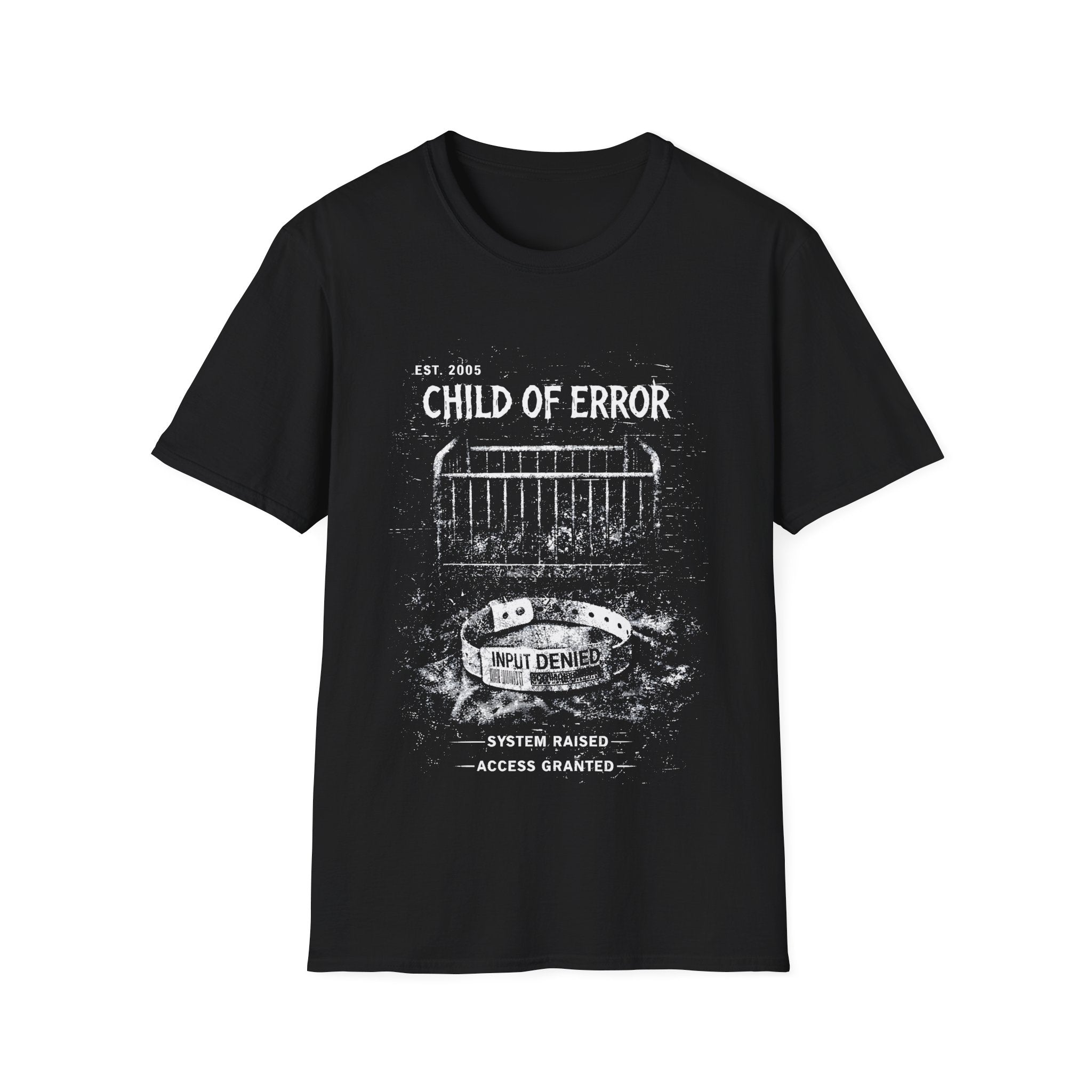 Black Gildan 64000 T-shirt with Child Of Error distressed glitch graphic and monochrome cyber grunge artwork.