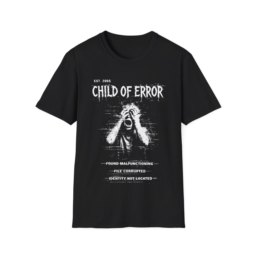 Black Gildan 64000 T-shirt with Child Of Error distressed glitch artwork, corrupted file text and dark grunge graphic design.