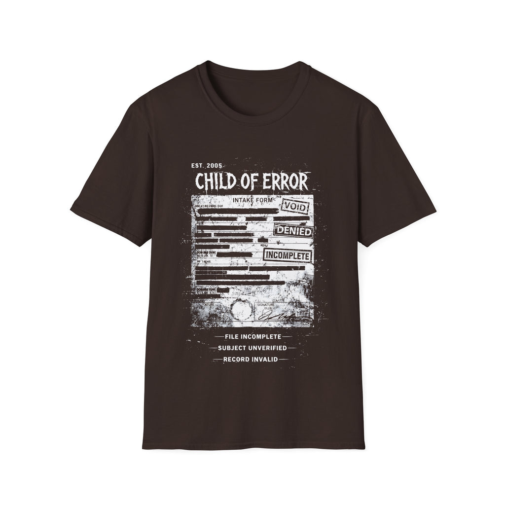 Brown graphic T-shirt featuring Child Of Error text, corrupted intake form artwork, record invalid wording and dark grunge archive design.
