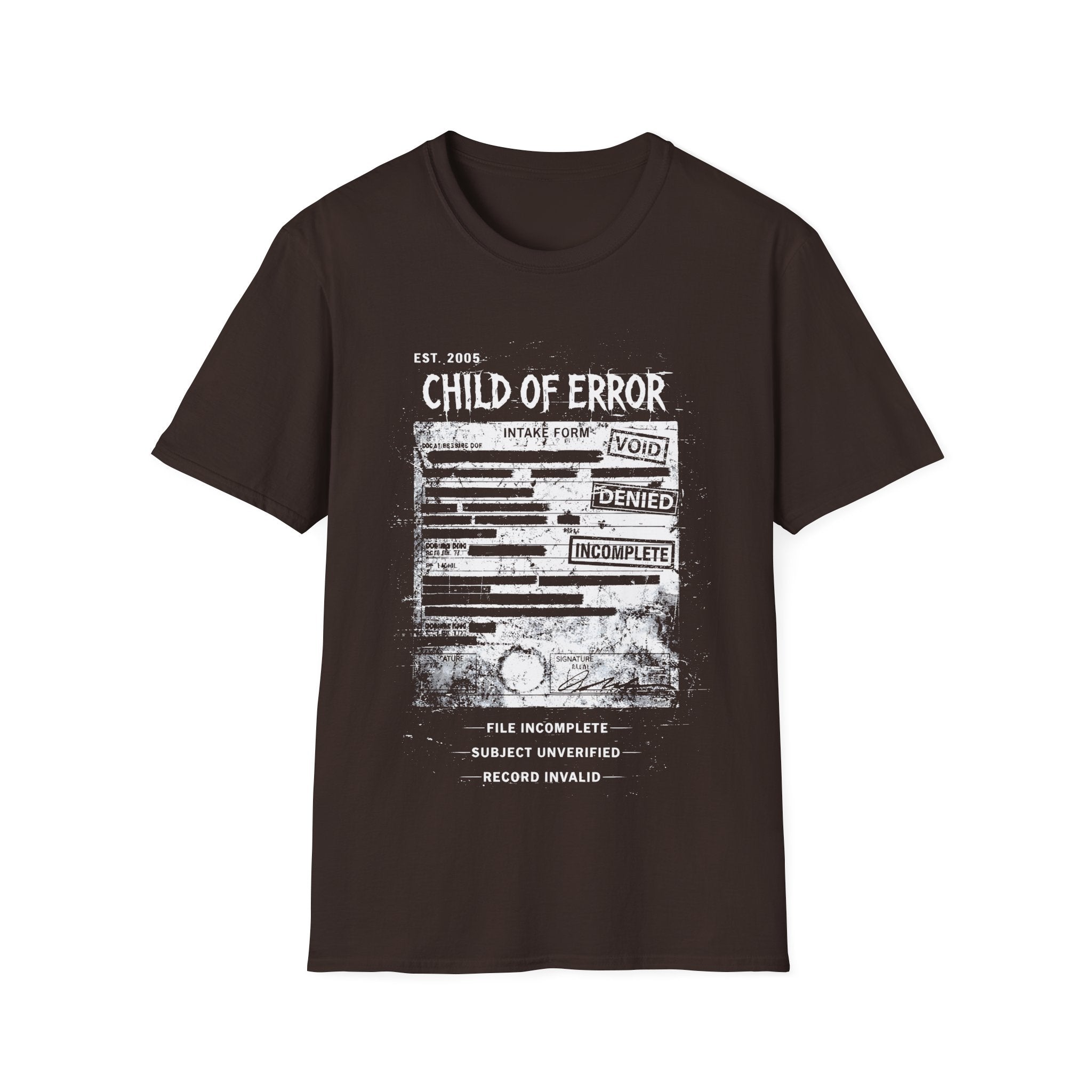 Brown graphic T-shirt featuring Child Of Error text, corrupted intake form artwork, record invalid wording and dark grunge archive design.