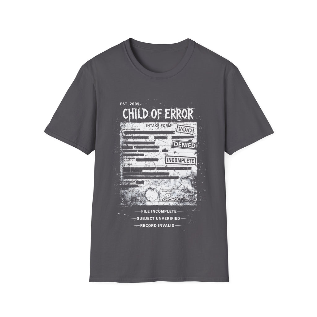 Charcoal Grey graphic T-shirt featuring Child Of Error text, corrupted intake form artwork, record invalid wording and dark grunge archive design.