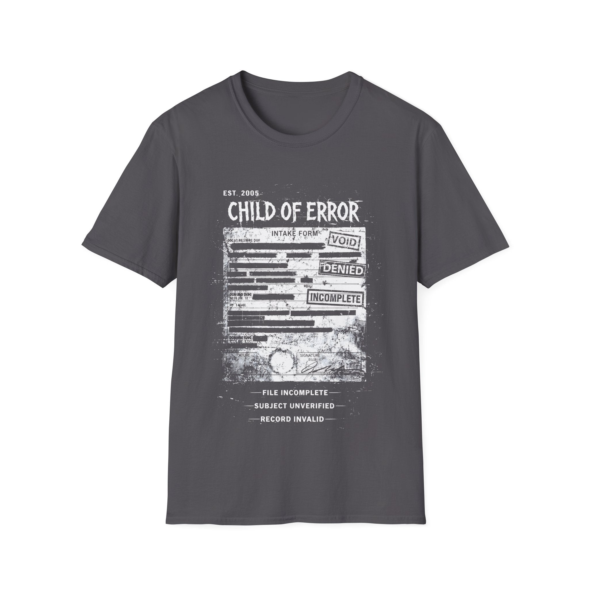 Charcoal Grey graphic T-shirt featuring Child Of Error text, corrupted intake form artwork, record invalid wording and dark grunge archive design.