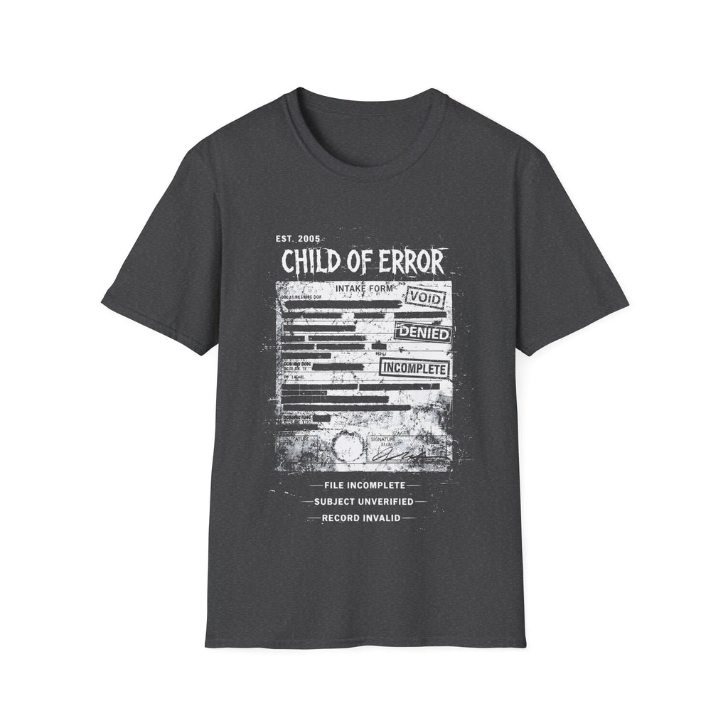 Dark Grey graphic T-shirt featuring Child Of Error text, corrupted intake form artwork, record invalid wording and dark grunge archive design.