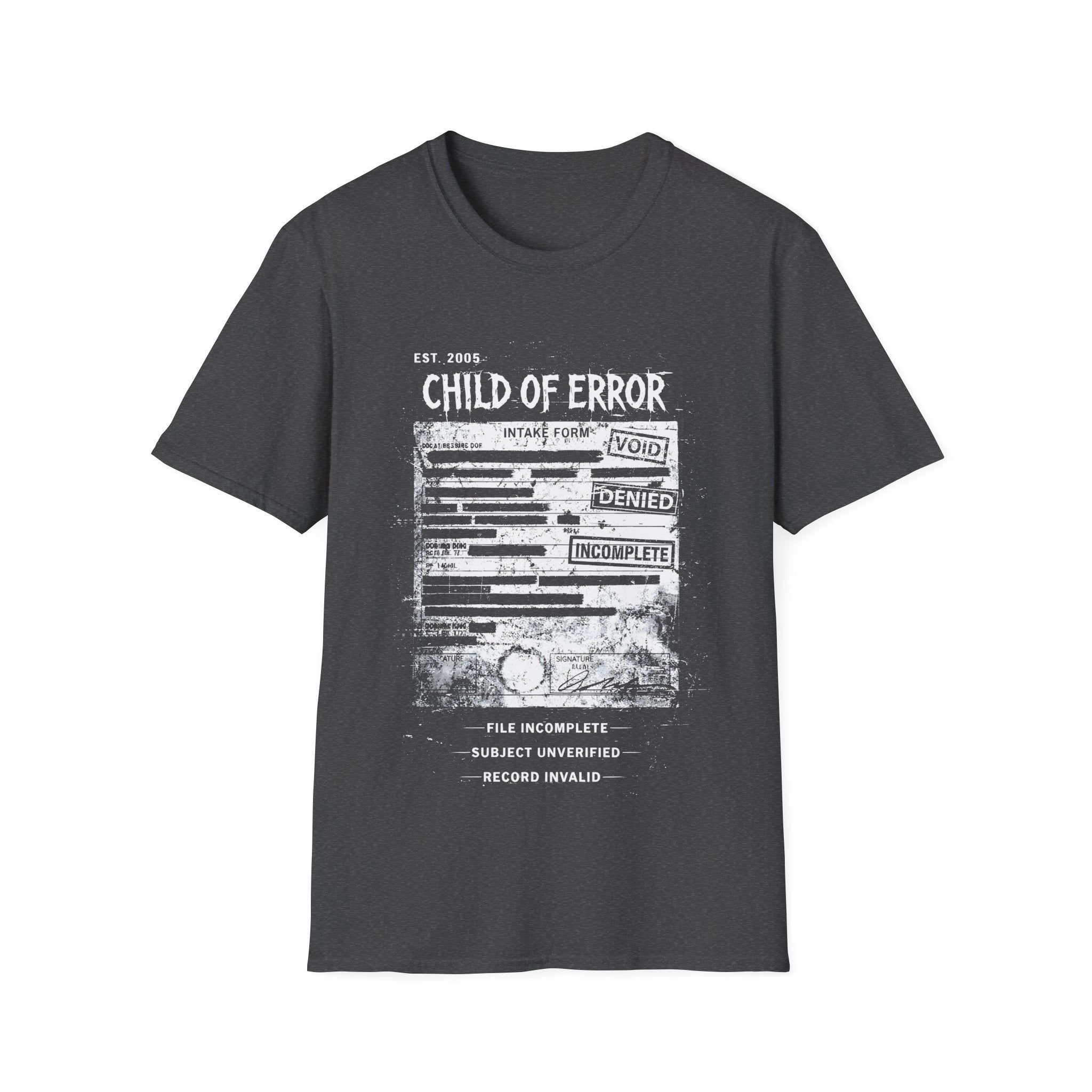 Dark Grey graphic T-shirt featuring Child Of Error text, corrupted intake form artwork, record invalid wording and dark grunge archive design.