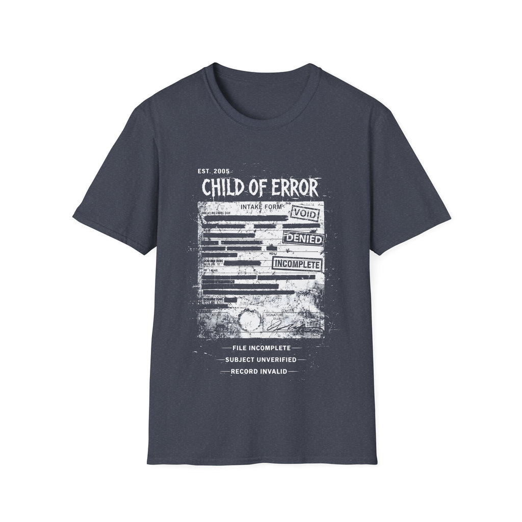 Heather Navy graphic T-shirt featuring Child Of Error text, corrupted intake form artwork, record invalid wording and dark grunge archive design.