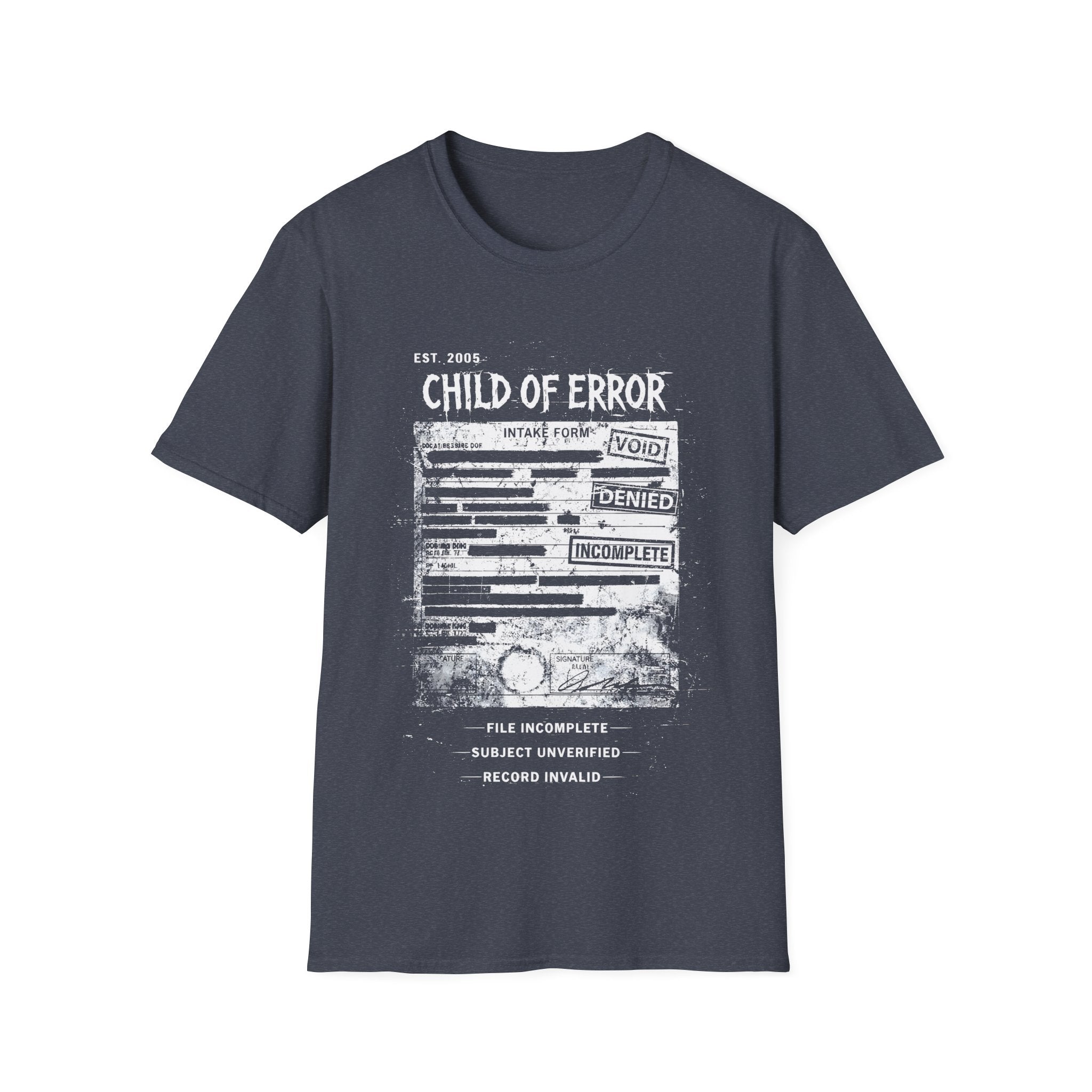 Heather Navy graphic T-shirt featuring Child Of Error text, corrupted intake form artwork, record invalid wording and dark grunge archive design.