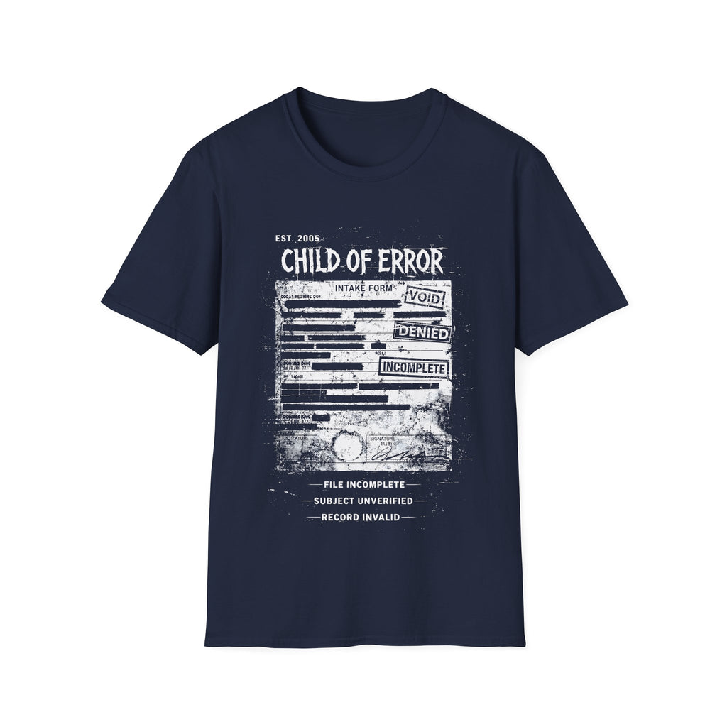 Navy Blue graphic T-shirt featuring Child Of Error text, corrupted intake form artwork, record invalid wording and dark grunge archive design.