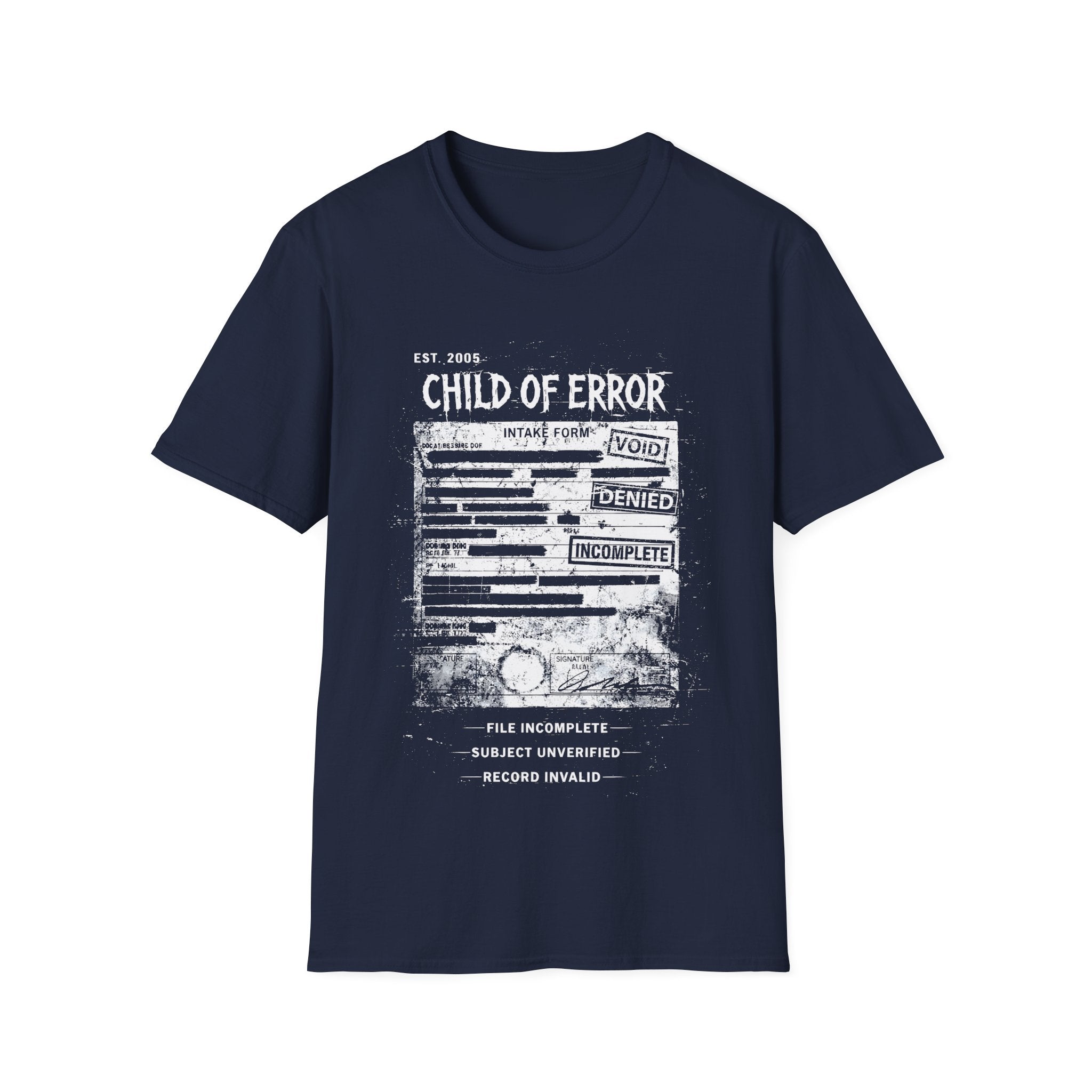 Navy Blue graphic T-shirt featuring Child Of Error text, corrupted intake form artwork, record invalid wording and dark grunge archive design.