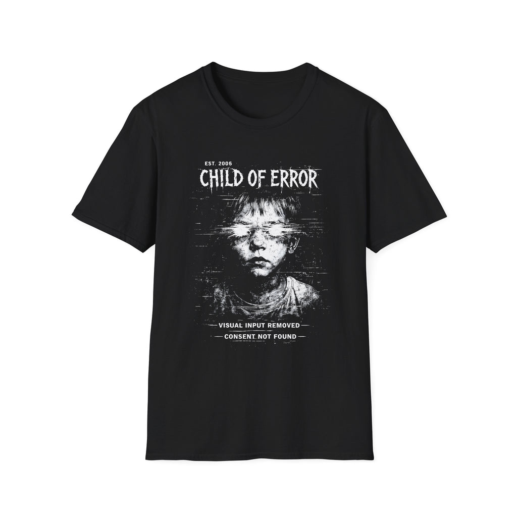 Child of Error graphic T-shirt with a distressed glitch portrait on black. A dark cyber grunge tee for fans of corrupted signal, archive art, and experimental streetwear.