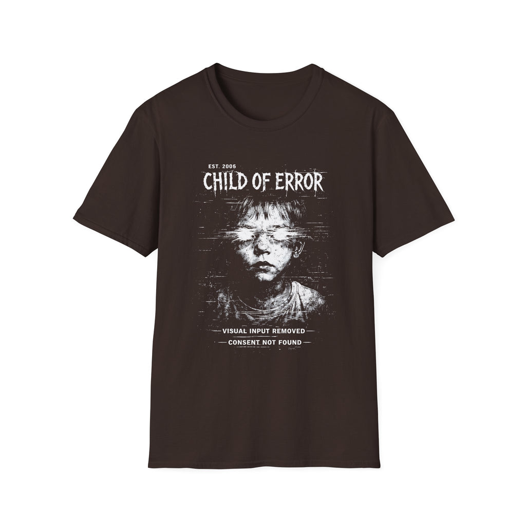 Child of Error graphic T-shirt with a distressed glitch portrait on brown. A dark cyber grunge tee for fans of corrupted signal, archive art, and experimental streetwear.