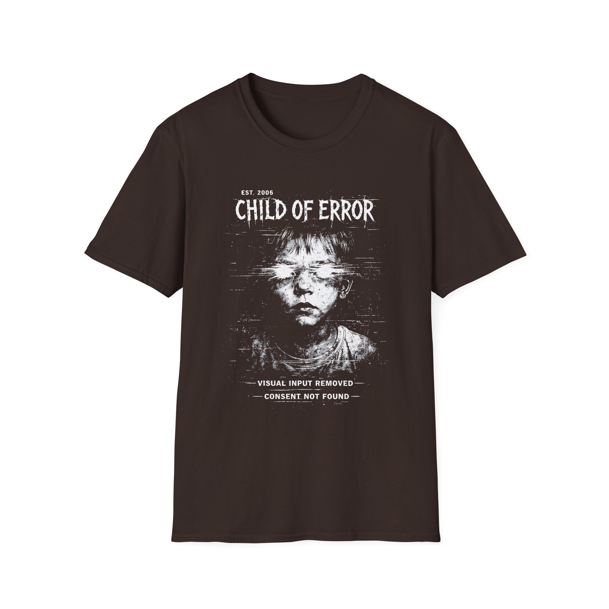 Child of Error graphic T-shirt with a distressed glitch portrait on brown. A dark cyber grunge tee for fans of corrupted signal, archive art, and experimental streetwear.