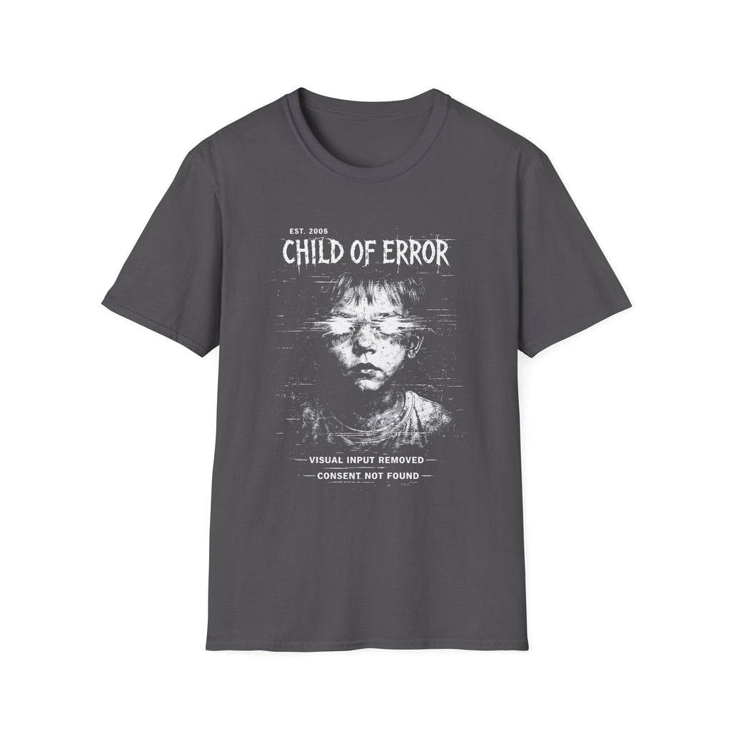 Child of Error graphic T-shirt with a distressed glitch portrait on charcoal. A dark cyber grunge tee for fans of corrupted signal, archive art, and experimental streetwear.