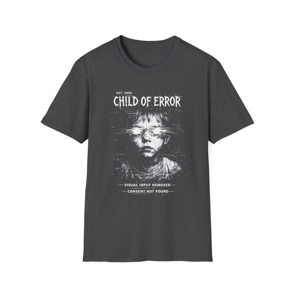 Child of Error graphic T-shirt with a distressed glitch portrait on dark heather. A dark cyber grunge tee for fans of corrupted signal, archive art, and experimental streetwear.