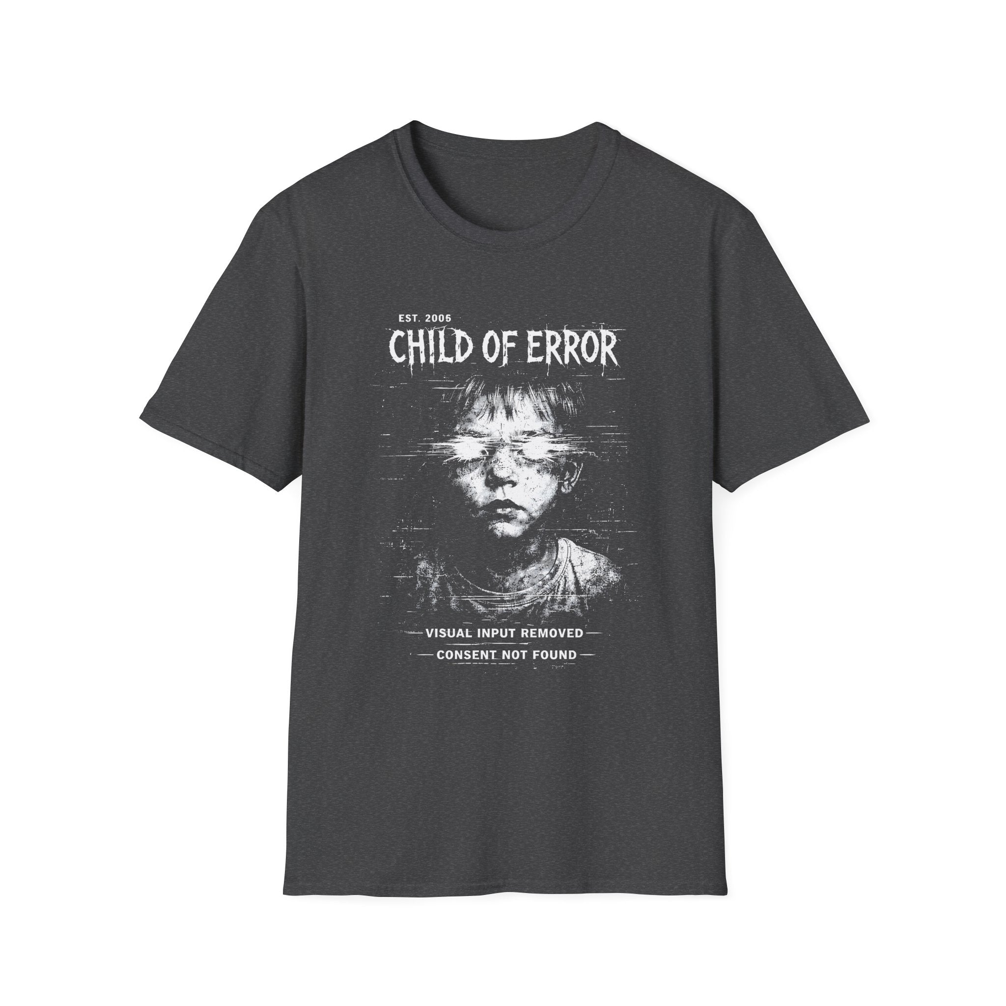 Child of Error graphic T-shirt with a distressed glitch portrait on dark heather. A dark cyber grunge tee for fans of corrupted signal, archive art, and experimental streetwear.
