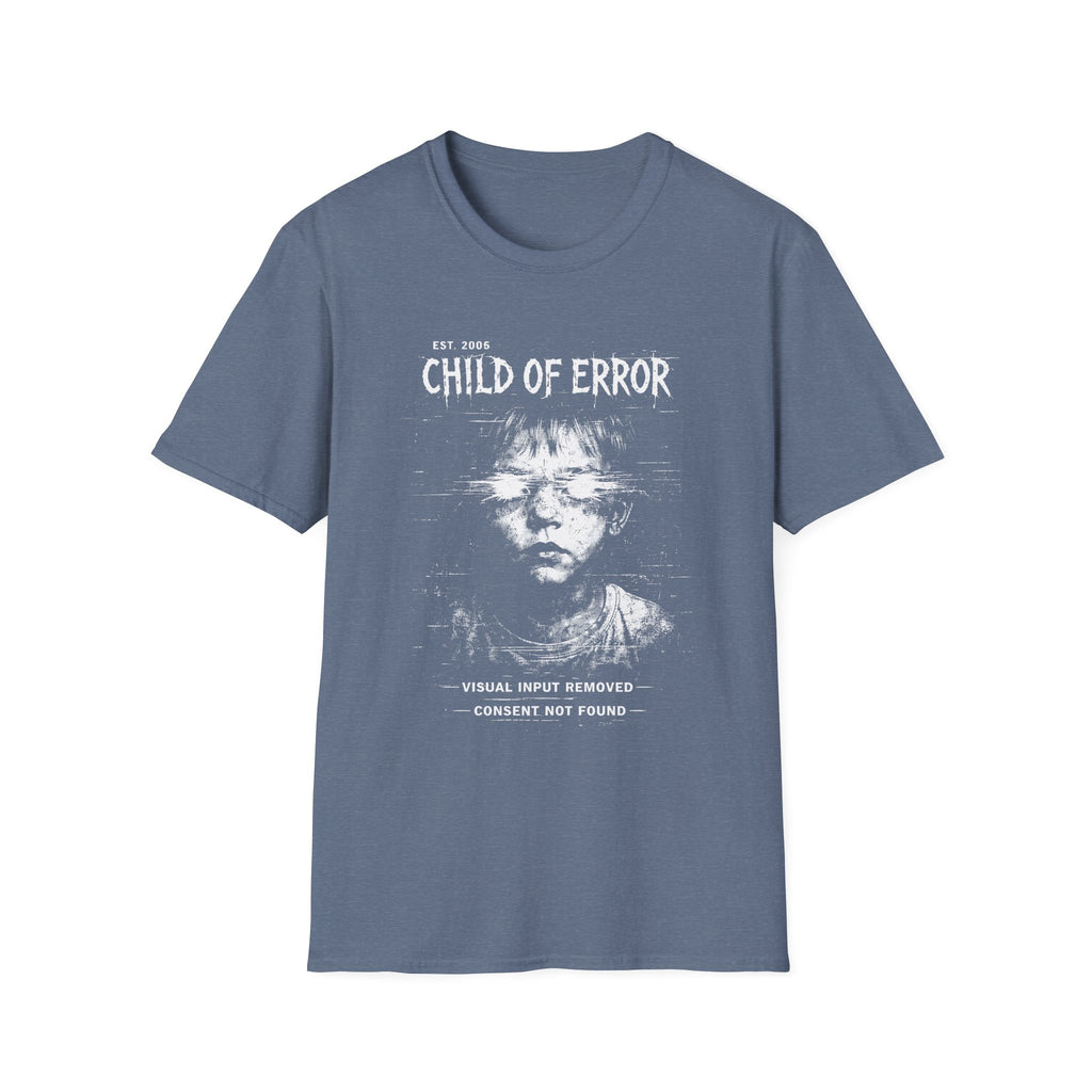 Child of Error graphic T-shirt with a distressed glitch portrait on heather indigo. A dark cyber grunge tee for fans of corrupted signal, archive art, and experimental streetwear.