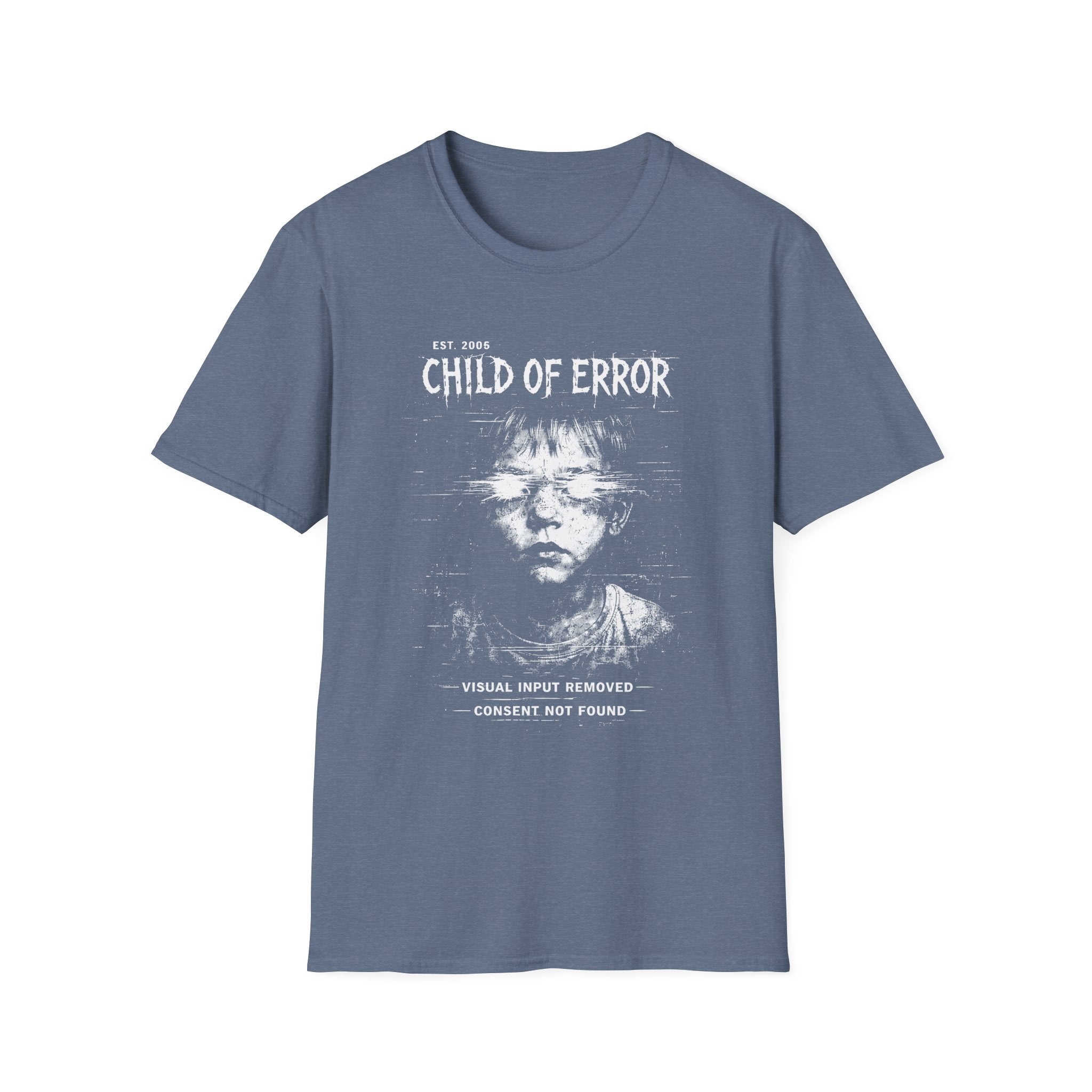 Child of Error graphic T-shirt with a distressed glitch portrait on heather indigo. A dark cyber grunge tee for fans of corrupted signal, archive art, and experimental streetwear.