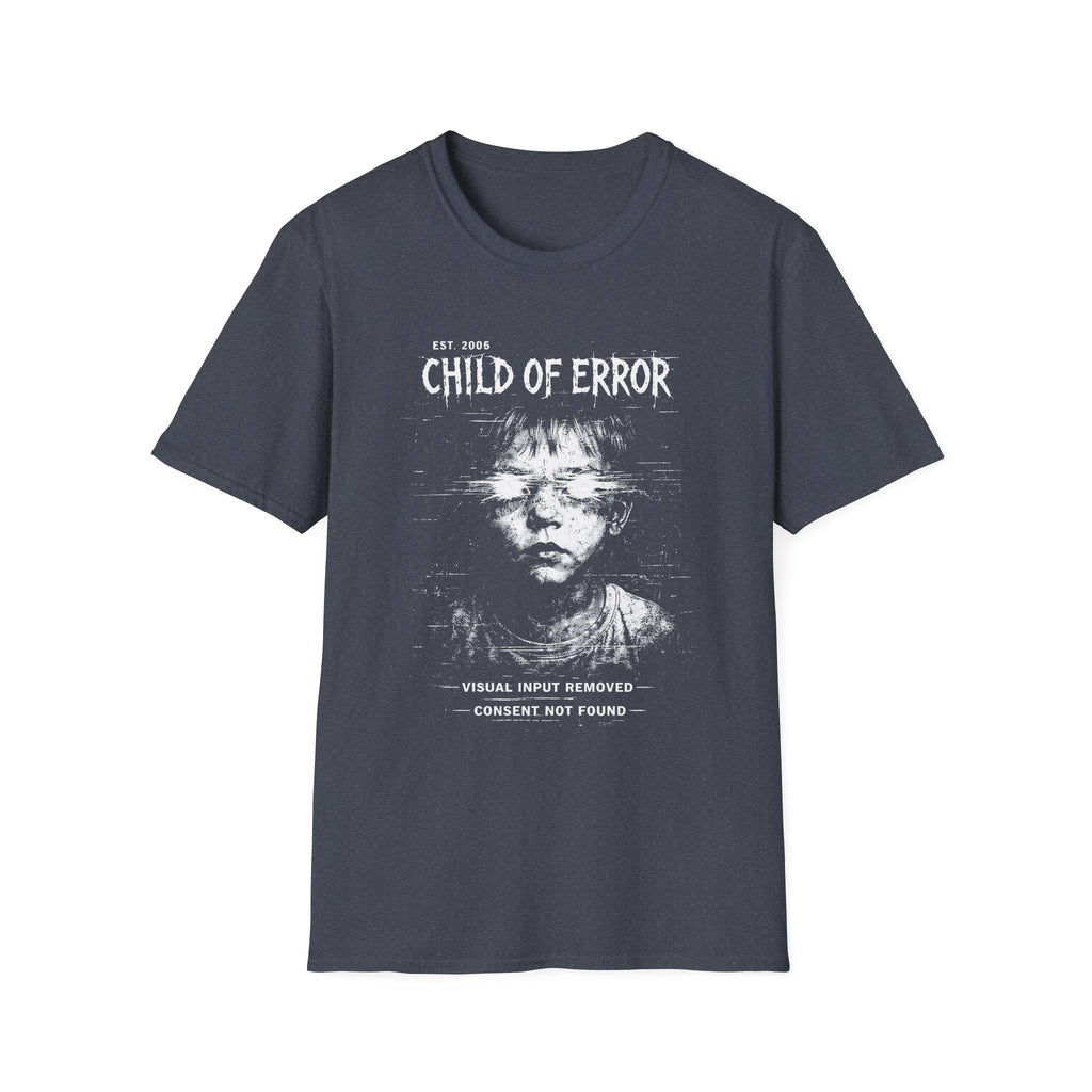 Child of Error graphic T-shirt with a distressed glitch portrait on heather navy. A dark cyber grunge tee for fans of corrupted signal, archive art, and experimental streetwear.