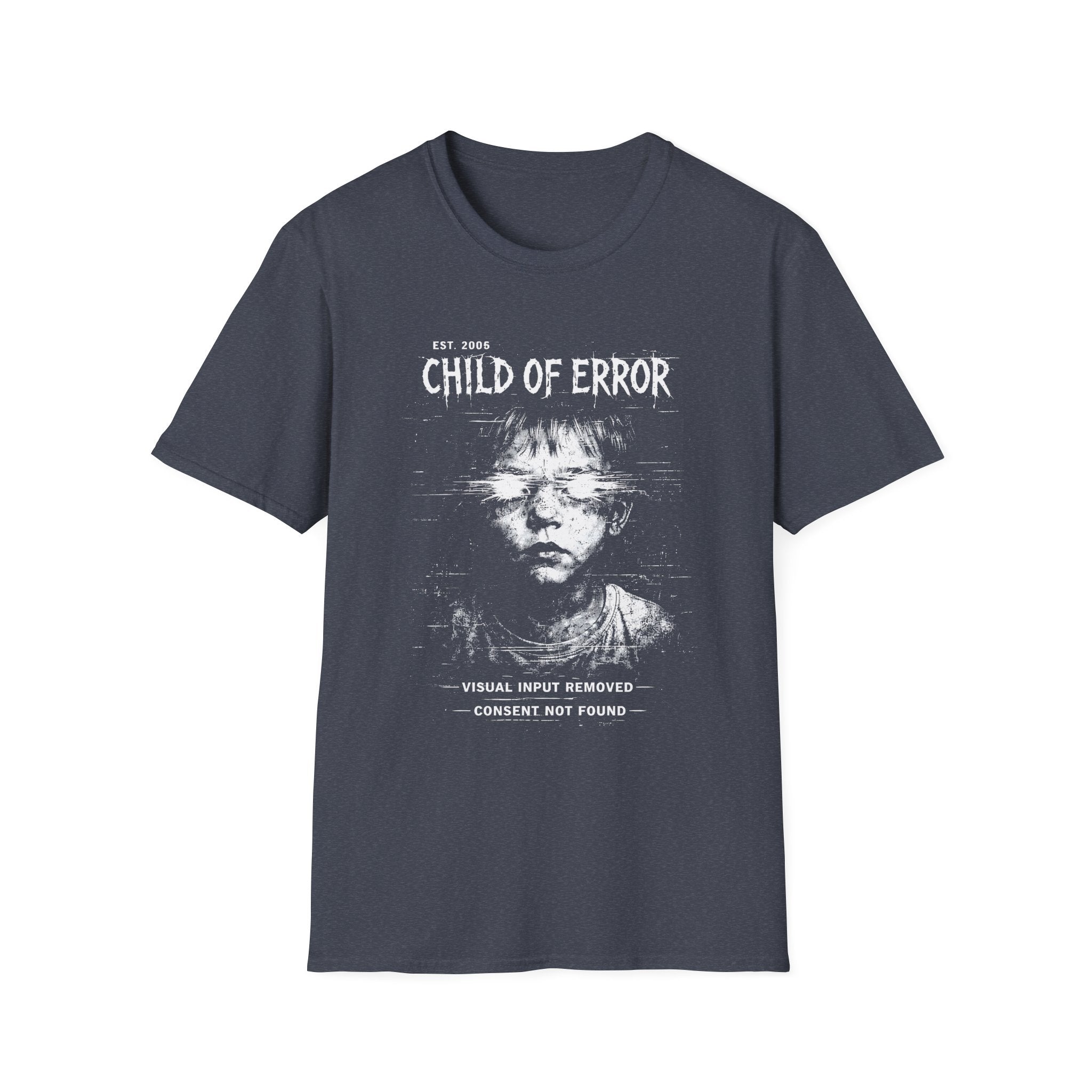 Child of Error graphic T-shirt with a distressed glitch portrait on heather navy. A dark cyber grunge tee for fans of corrupted signal, archive art, and experimental streetwear.