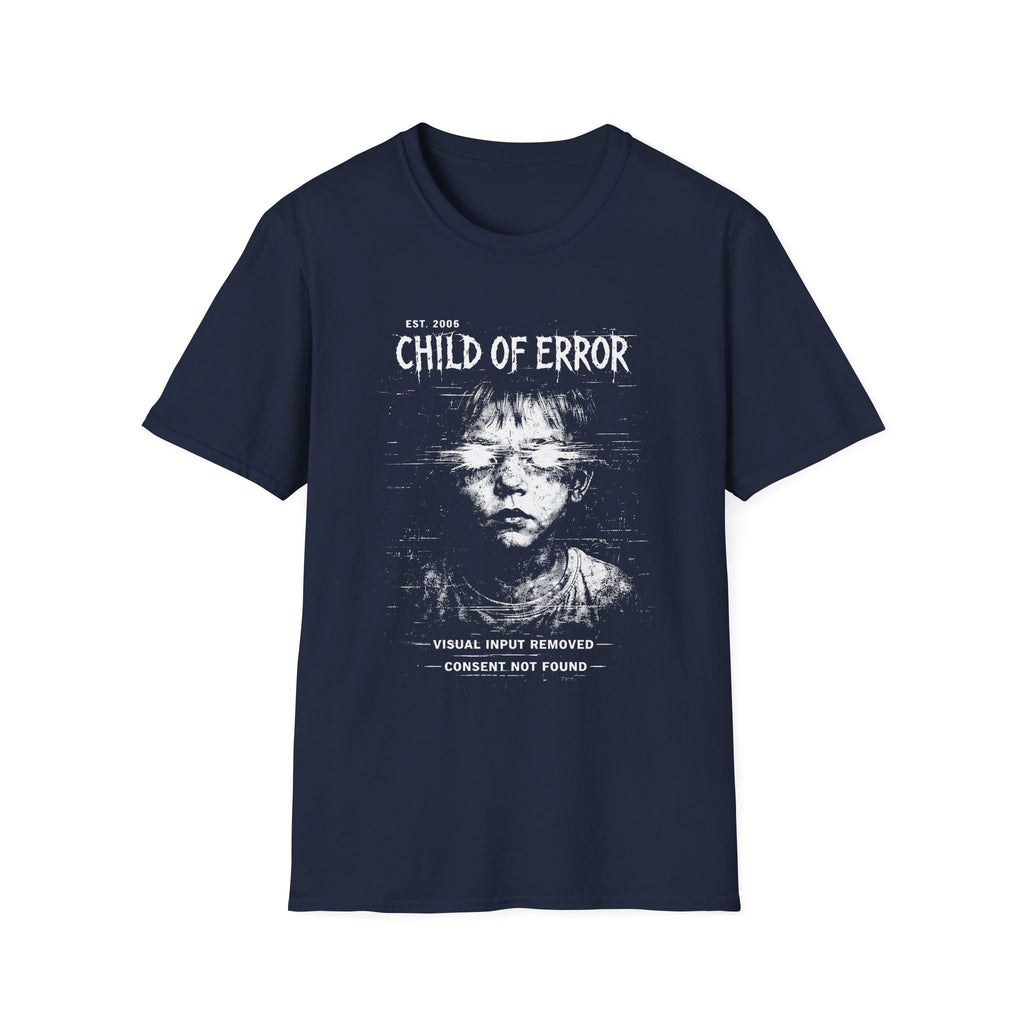 Child of Error graphic T-shirt with a distressed glitch portrait on navy. A dark cyber grunge tee for fans of corrupted signal, archive art, and experimental streetwear.