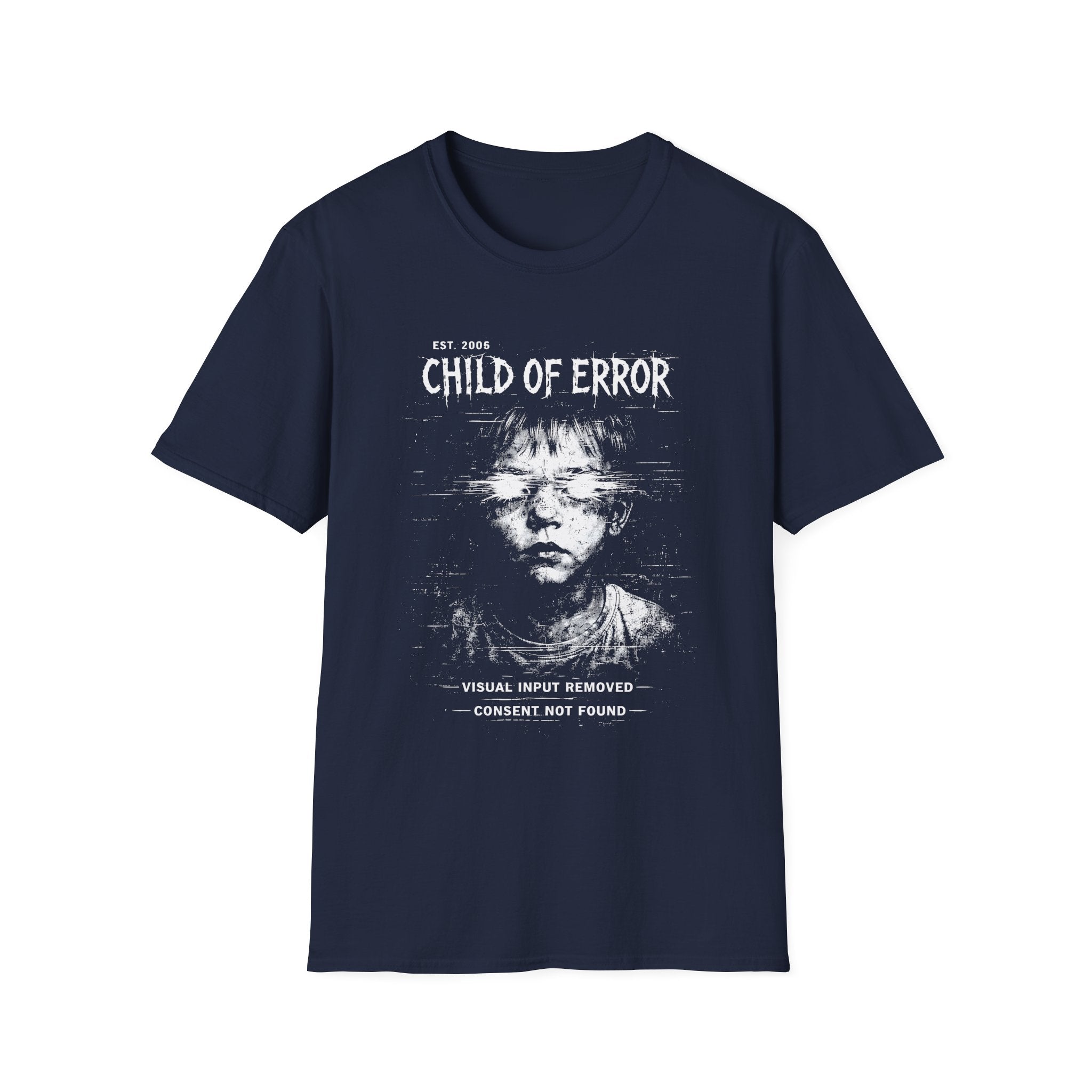 Child of Error graphic T-shirt with a distressed glitch portrait on navy. A dark cyber grunge tee for fans of corrupted signal, archive art, and experimental streetwear.
