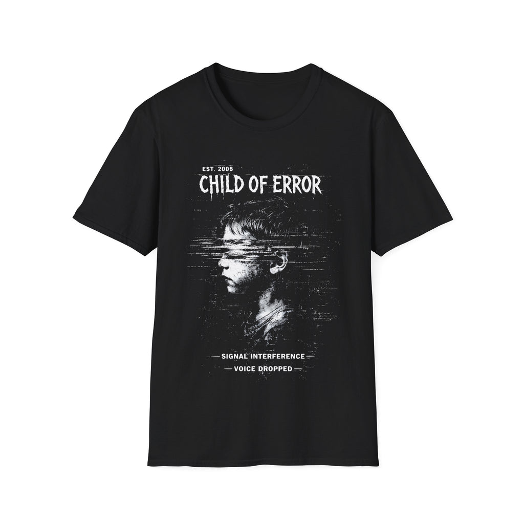 Black Gildan 64000 Softstyle T-shirt featuring a distressed white Child of Error graphic with a corrupted figure, glitch textures, scanline distortion, and small text reading “signal interference” and “voice dropped.”