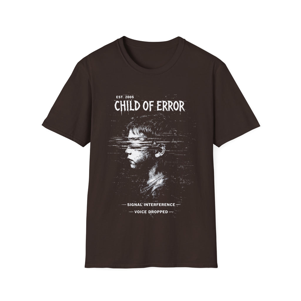 Brown Gildan 64000 Softstyle T-shirt featuring a distressed white Child of Error graphic with a corrupted figure, glitch textures, scanline distortion, and small text reading “signal interference” and “voice dropped.”