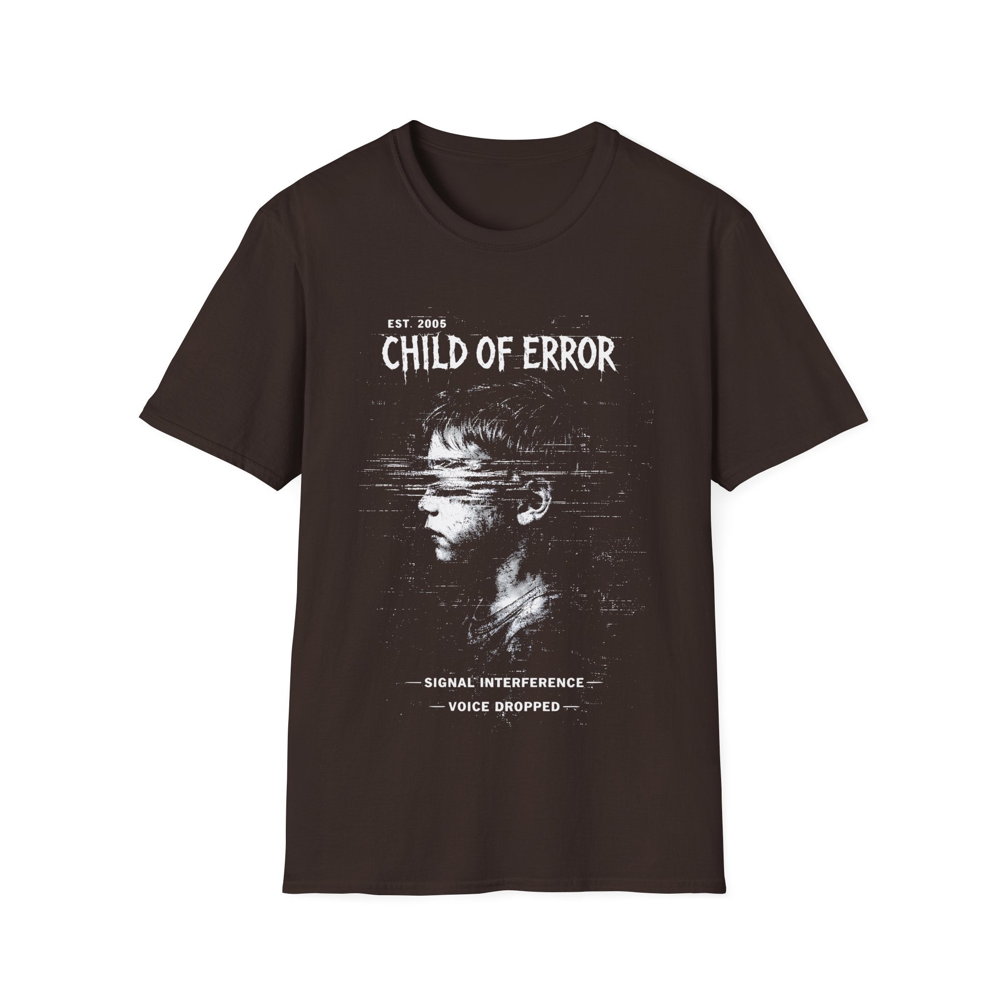 Brown Gildan 64000 Softstyle T-shirt featuring a distressed white Child of Error graphic with a corrupted figure, glitch textures, scanline distortion, and small text reading “signal interference” and “voice dropped.”