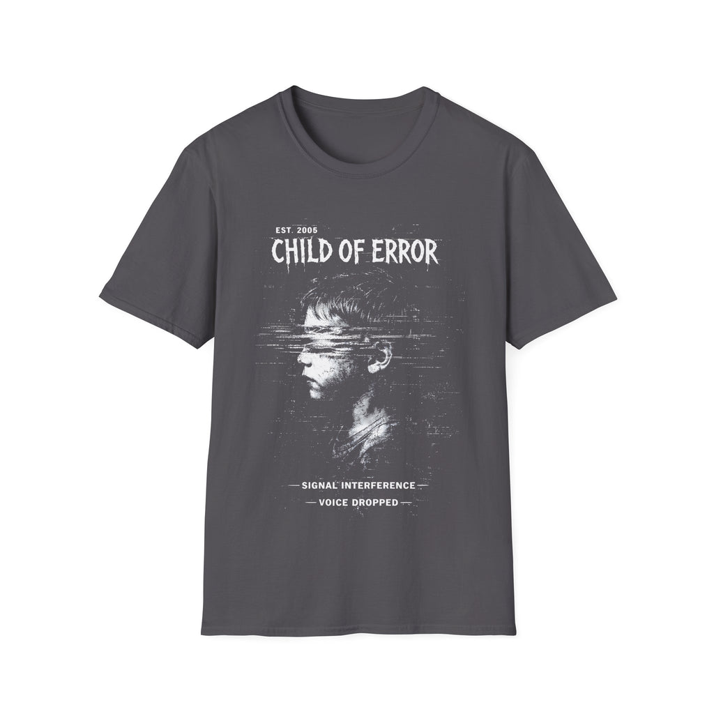 Charcoal Grey Gildan 64000 Softstyle T-shirt featuring a distressed white Child of Error graphic with a corrupted figure, glitch textures, scanline distortion, and small text reading “signal interference” and “voice dropped.”