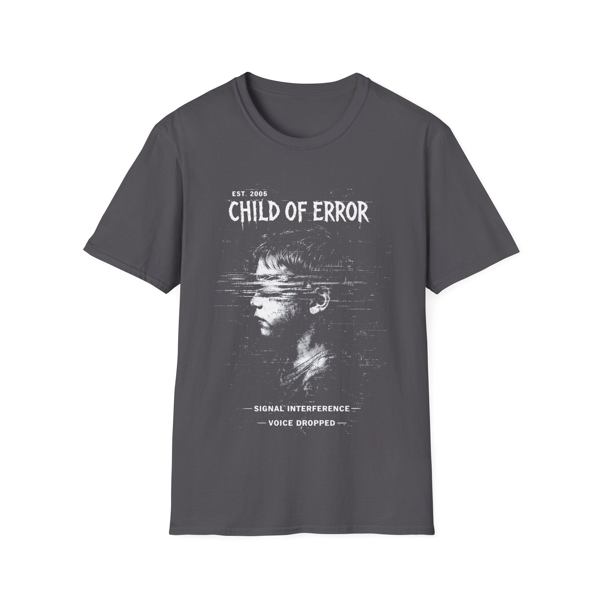 Charcoal Grey Gildan 64000 Softstyle T-shirt featuring a distressed white Child of Error graphic with a corrupted figure, glitch textures, scanline distortion, and small text reading “signal interference” and “voice dropped.”