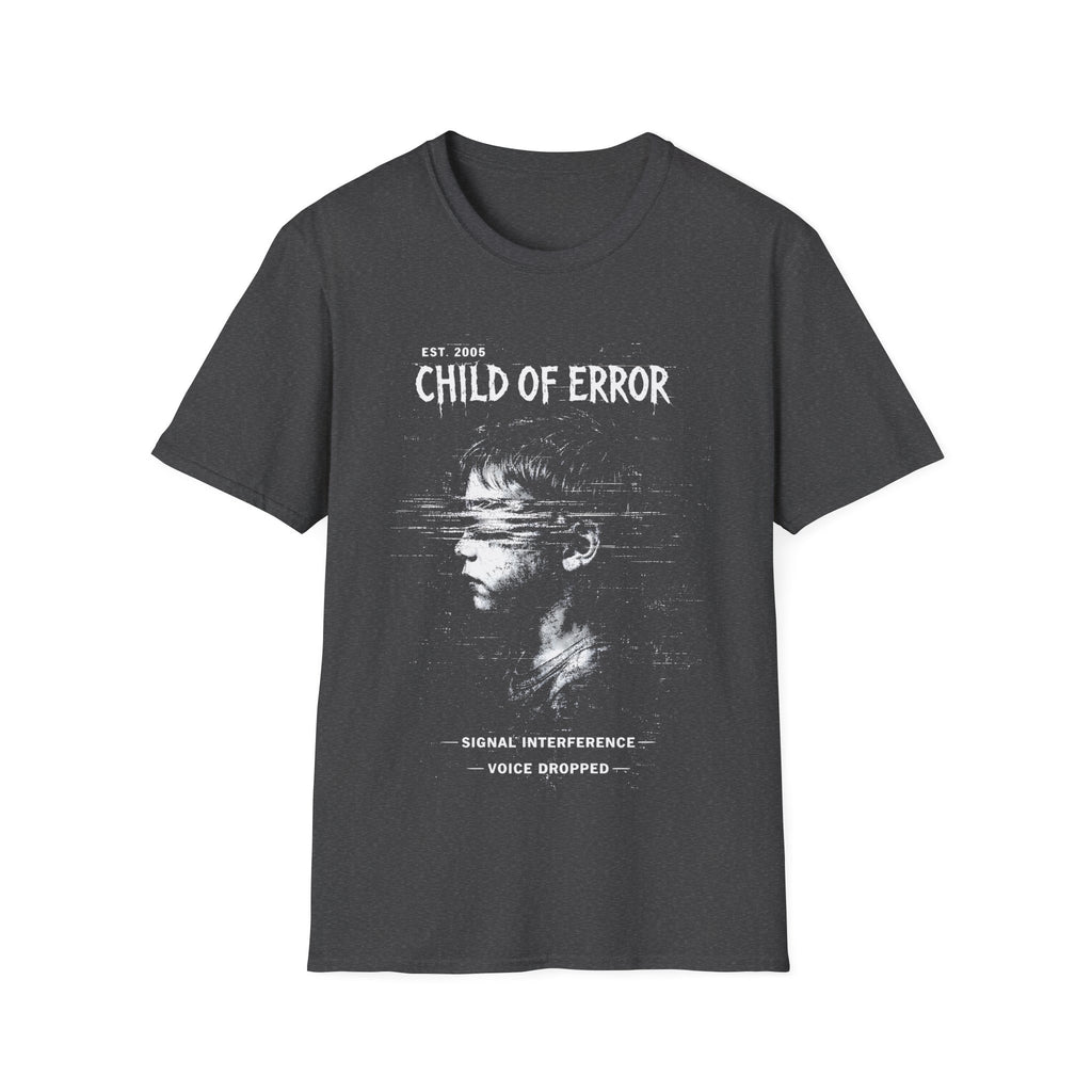 Grey Gildan 64000 Softstyle T-shirt featuring a distressed white Child of Error graphic with a corrupted figure, glitch textures, scanline distortion, and small text reading “signal interference” and “voice dropped.”
