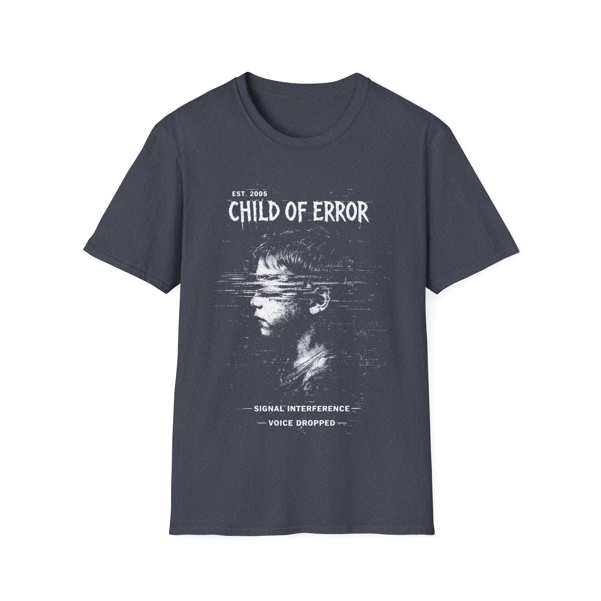 Heather navy blue Gildan 64000 Softstyle T-shirt featuring a distressed white Child of Error graphic with a corrupted figure, glitch textures, scanline distortion, and small text reading “signal interference” and “voice dropped.”