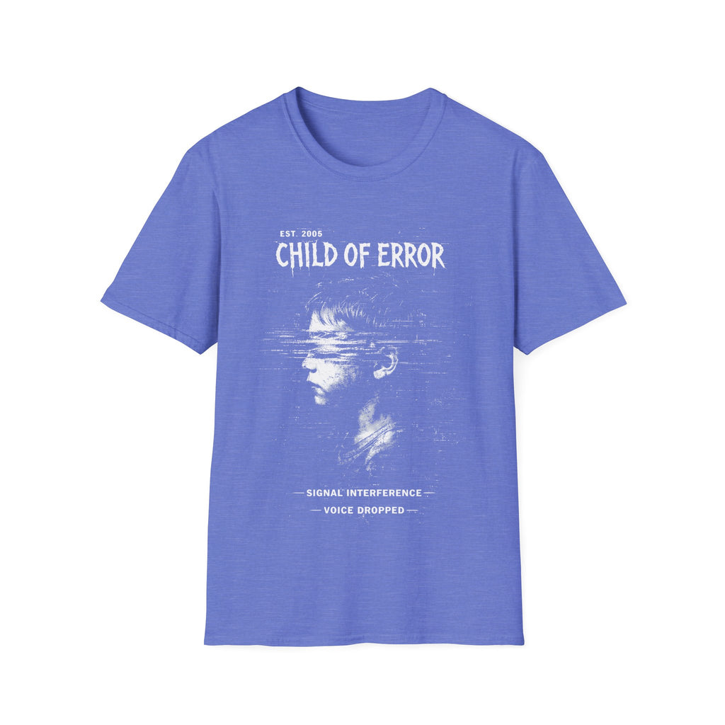 Heather Royal Gildan 64000 Softstyle T-shirt featuring a distressed white Child of Error graphic with a corrupted figure, glitch textures, scanline distortion, and small text reading “signal interference” and “voice dropped.”
