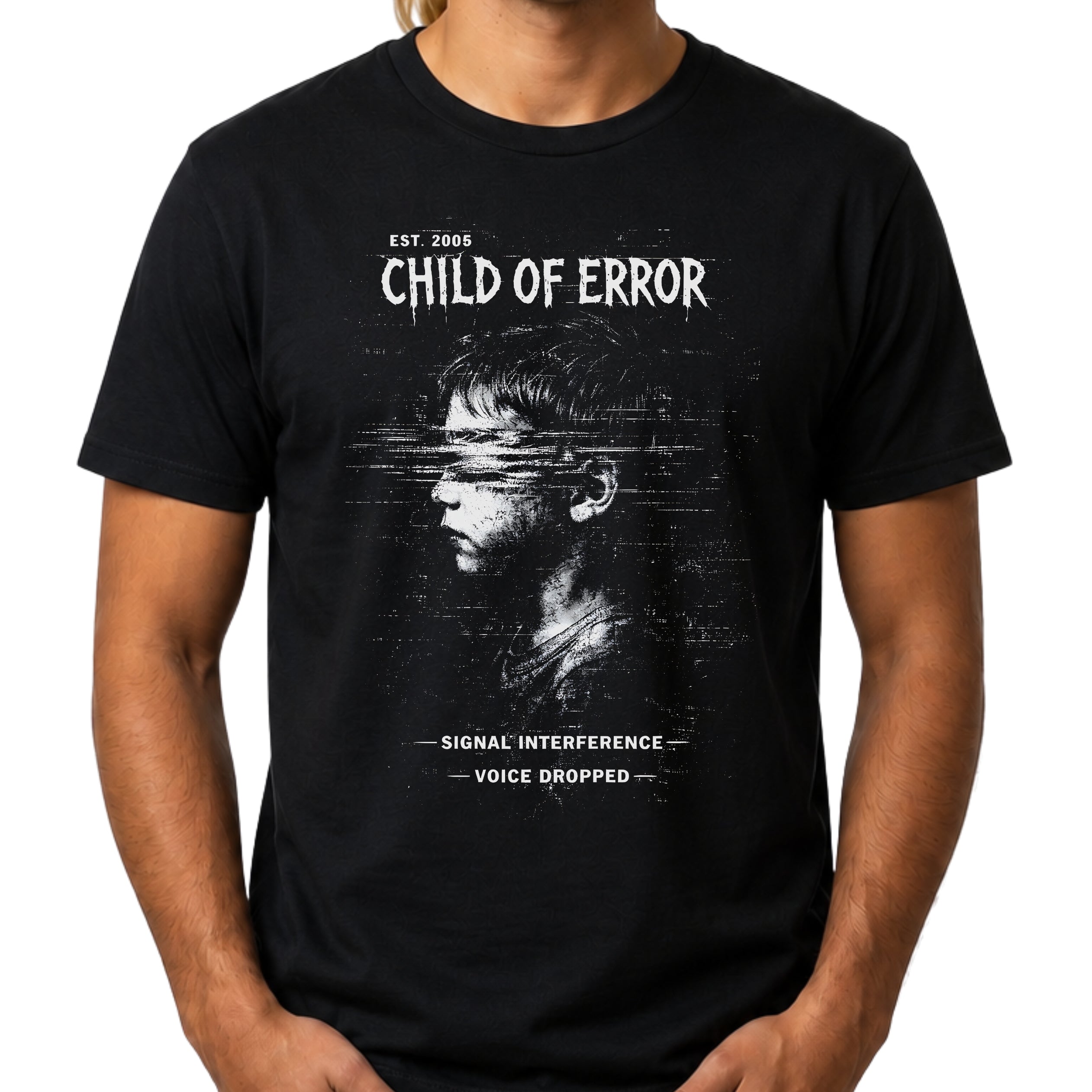Black Gildan 64000 Softstyle T-shirt featuring a distressed white Child of Error graphic with a corrupted figure, glitch textures, scanline distortion, and small text reading “signal interference” and “voice dropped.”