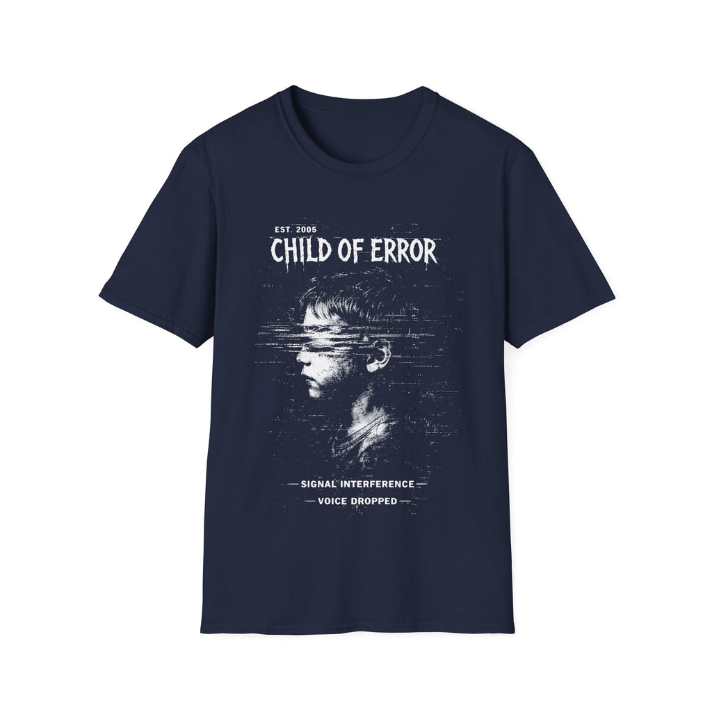 Navy Blue Gildan 64000 Softstyle T-shirt featuring a distressed white Child of Error graphic with a corrupted figure, glitch textures, scanline distortion, and small text reading “signal interference” and “voice dropped.”