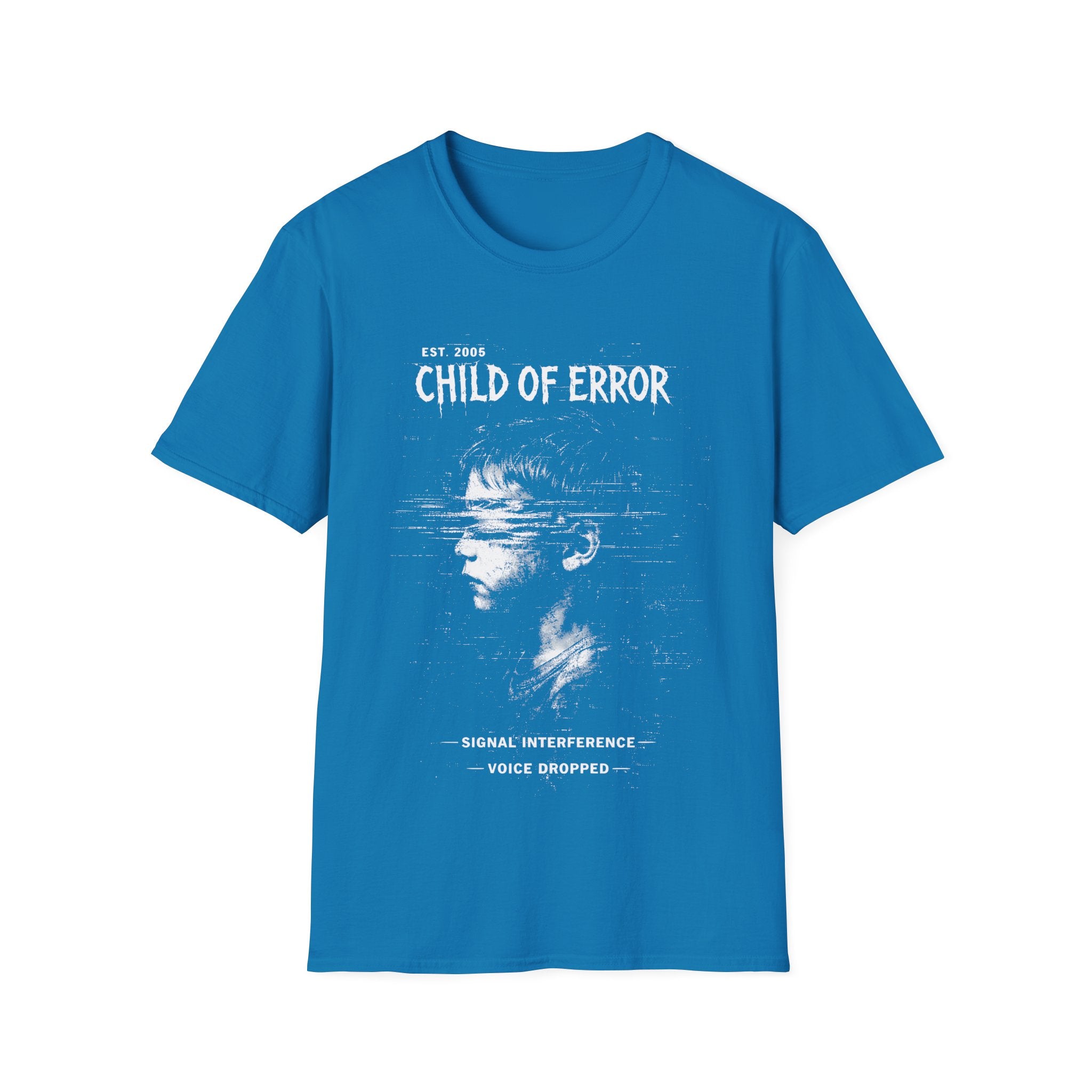 Sapphire Blue Gildan 64000 Softstyle T-shirt featuring a distressed white Child of Error graphic with a corrupted figure, glitch textures, scanline distortion, and small text reading “signal interference” and “voice dropped.”