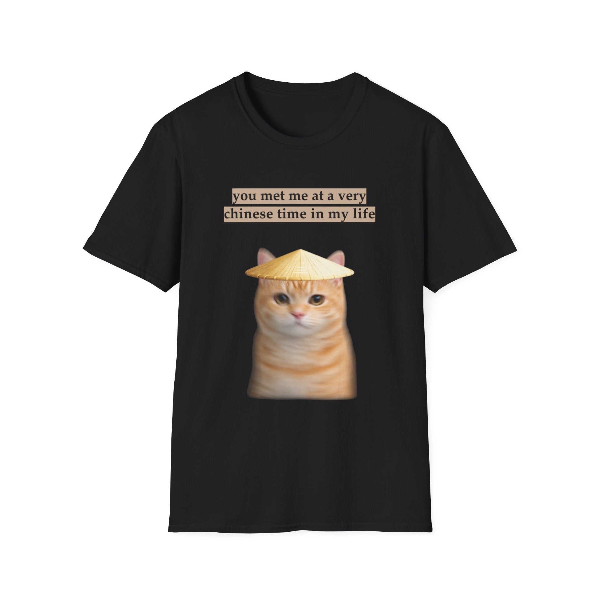 Black t-shirt with a cat graphic and text on a white background